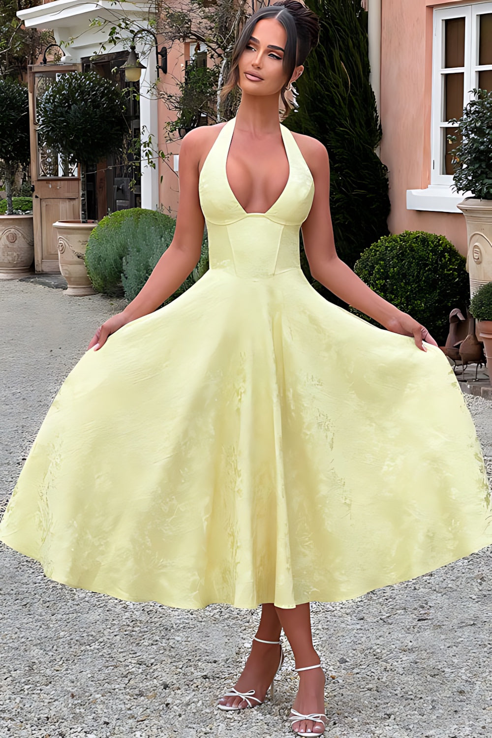 Talia – Jacquard Halter Wedding Guest Midi Dress