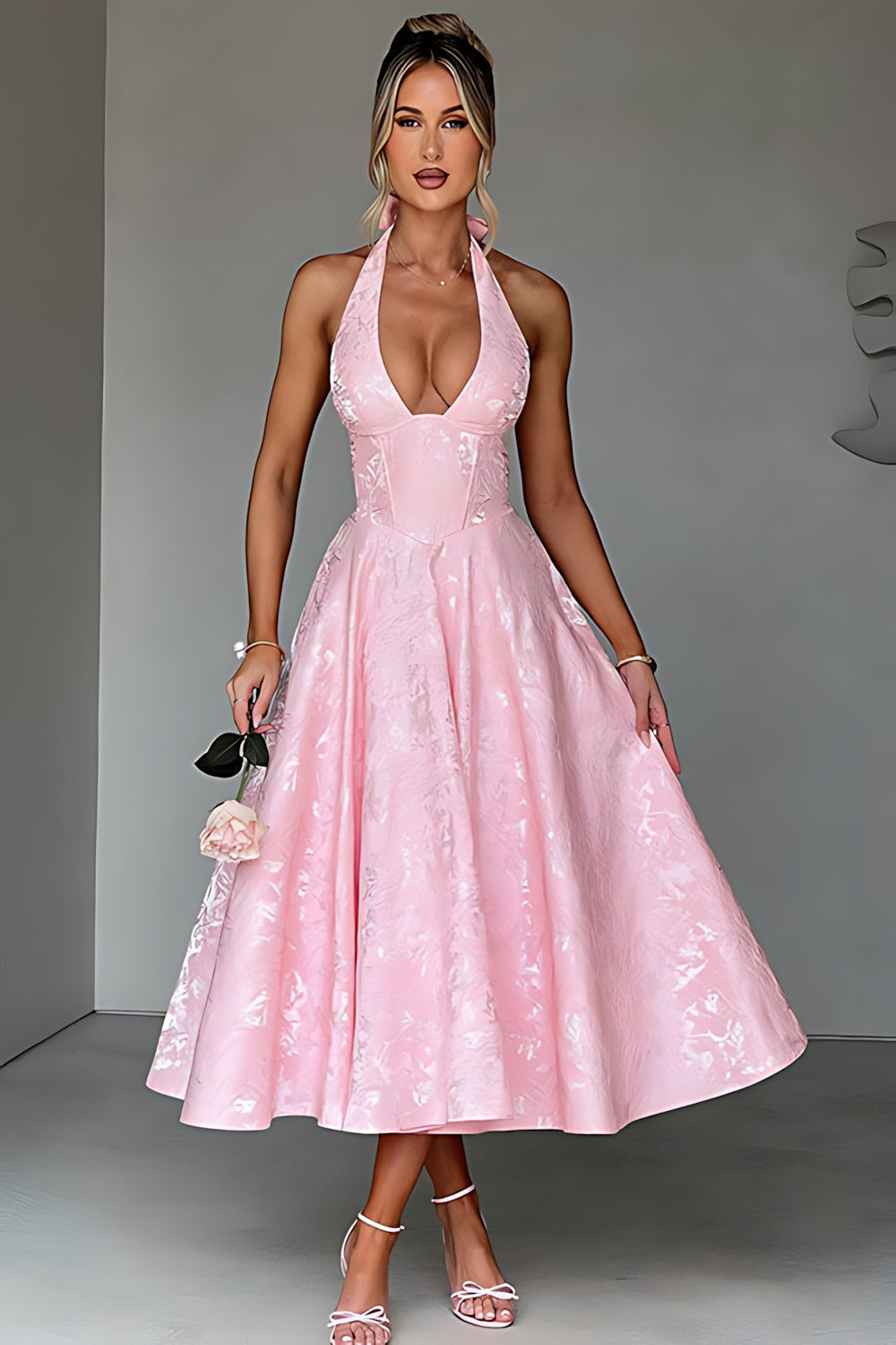 Talia – Jacquard Halter Wedding Guest Midi Dress