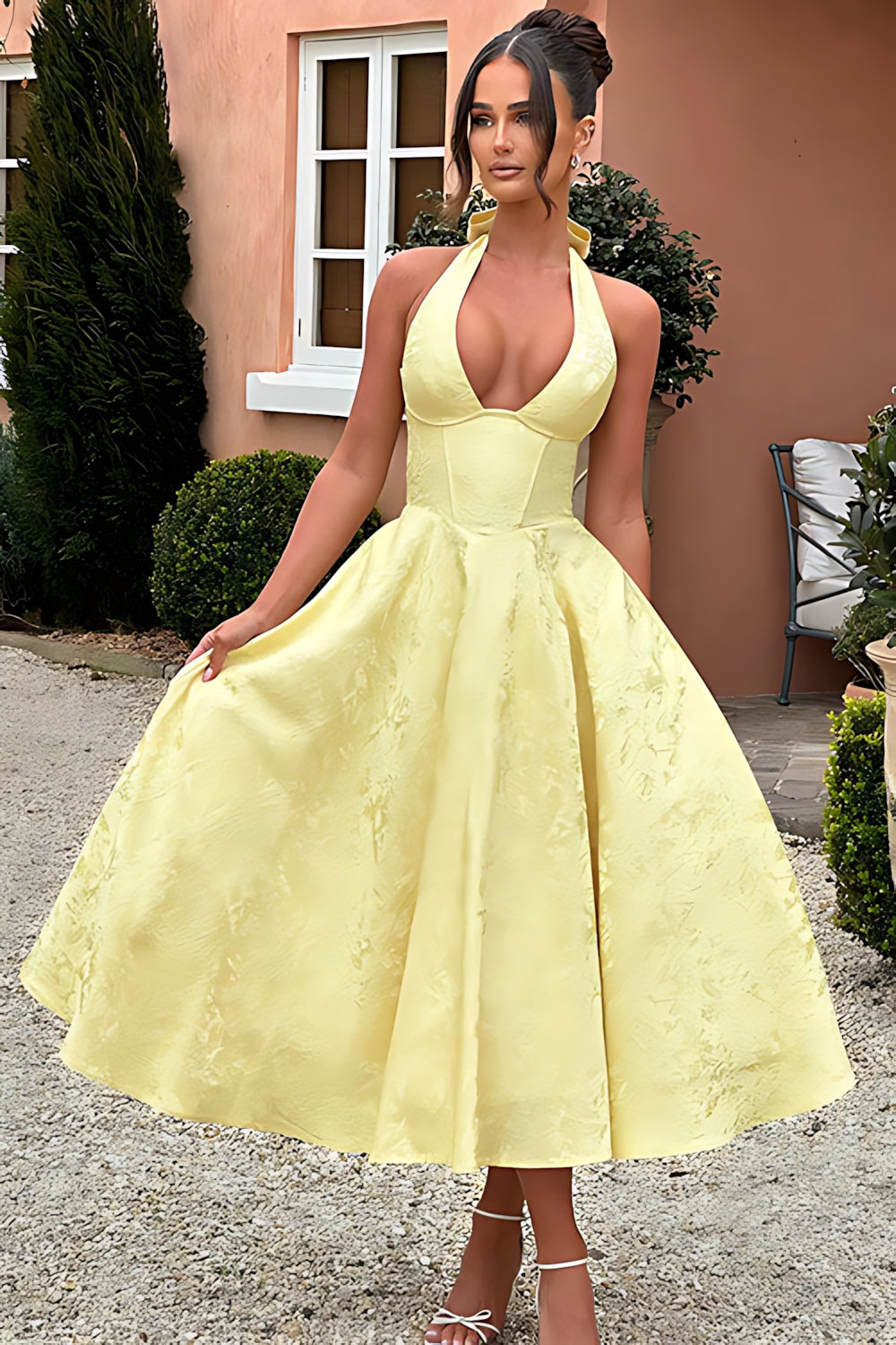Talia – Jacquard Halter Wedding Guest Midi Dress