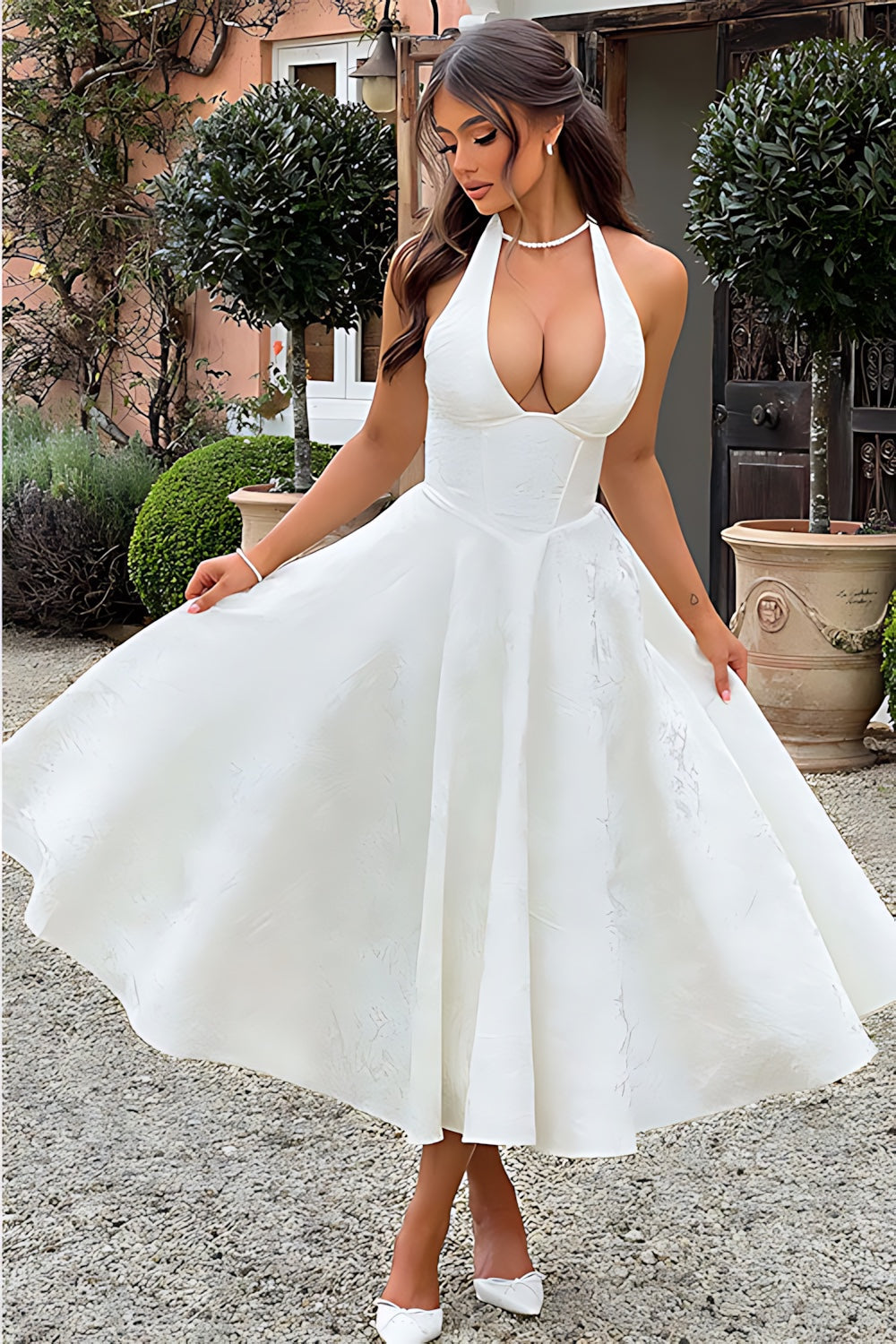 Talia – Jacquard Halter Wedding Guest Midi Dress