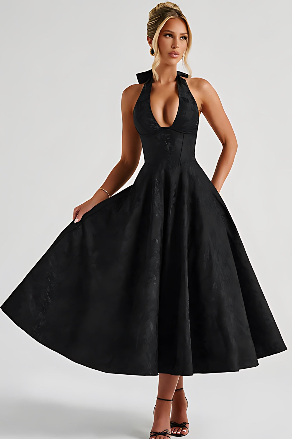 Talia – Jacquard Halter Wedding Guest Midi Dress