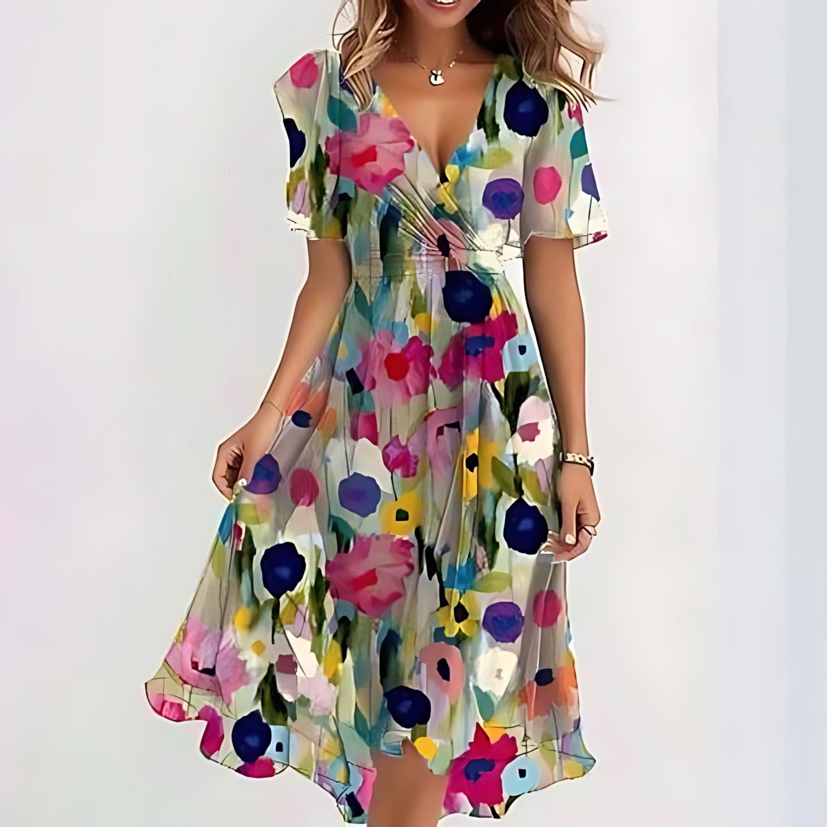 Talia – Polka Dot Ruffle V Neck Summer Midi Dress
