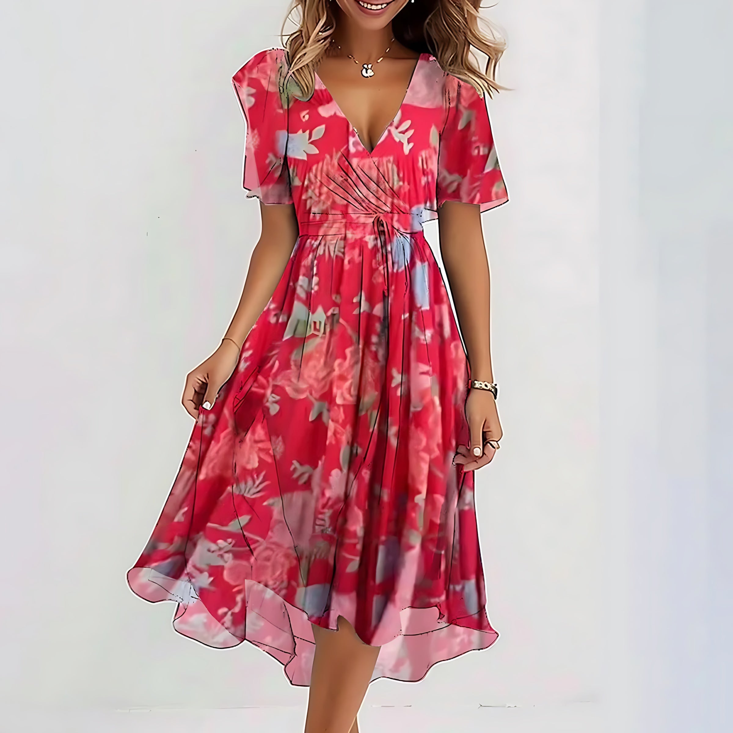 Talia – Polka Dot Ruffle V Neck Summer Midi Dress