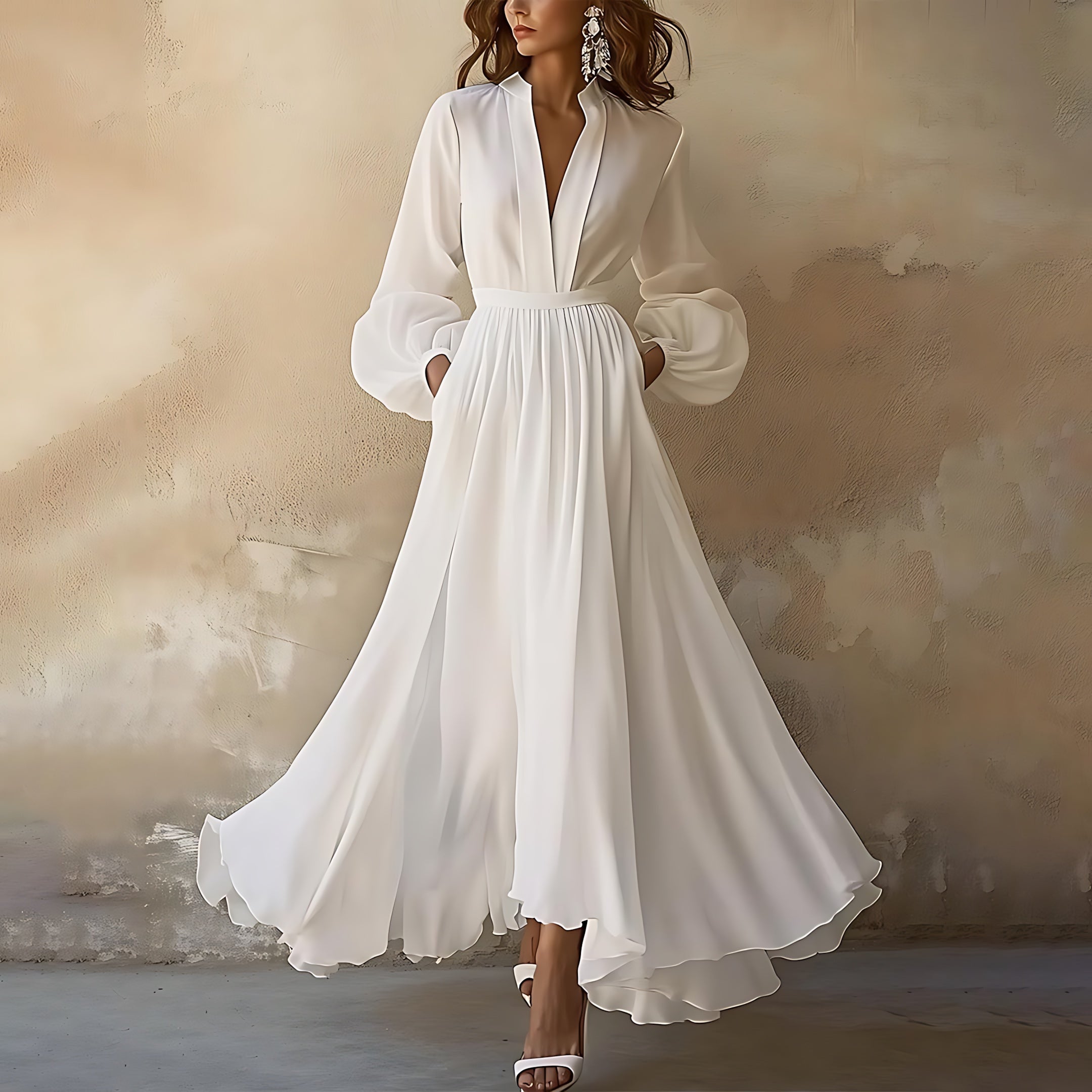 Tessa – Deep V Neck Long Sleeve Flowy Maxi Dress