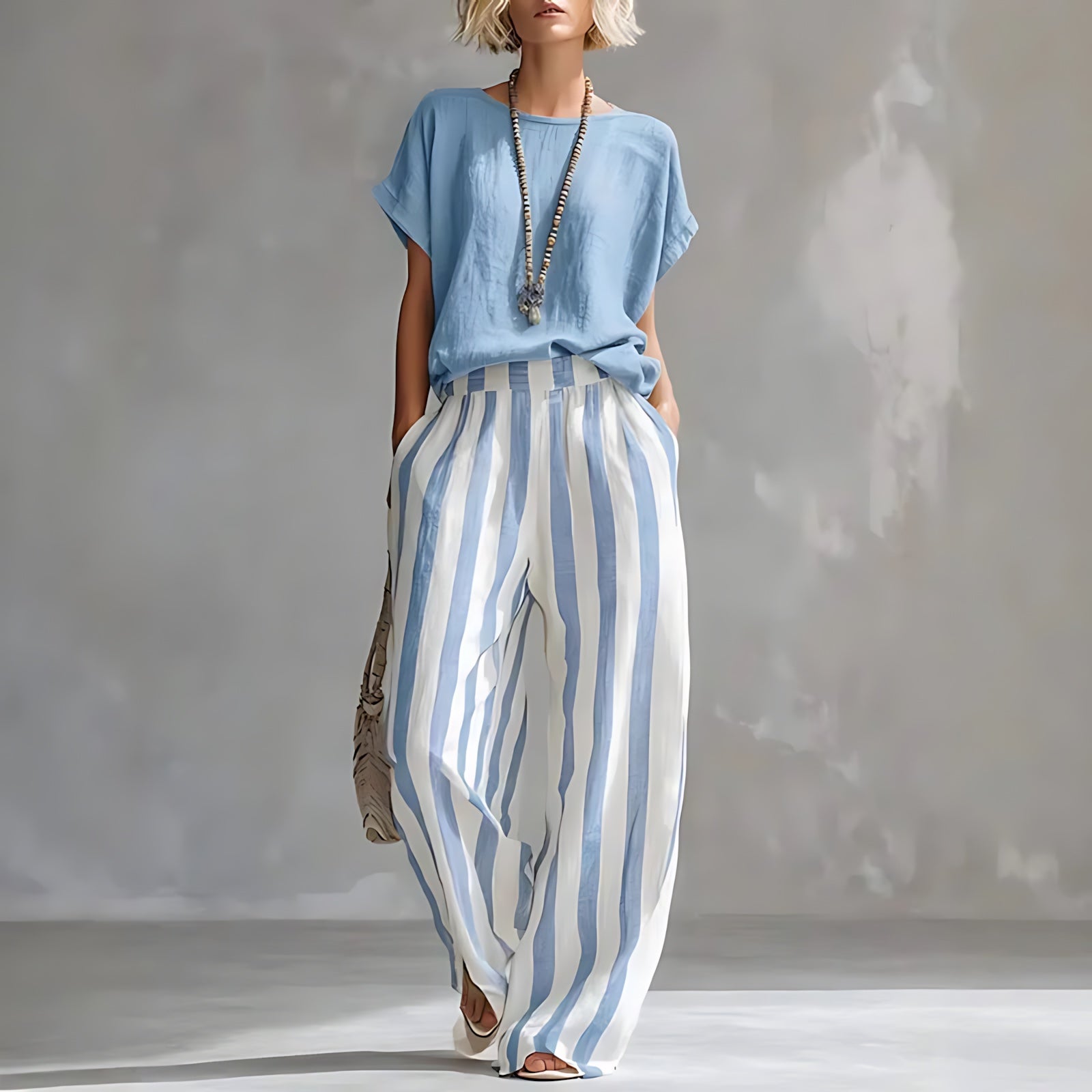 Tessa – Twist Front Top and Striped Wide Leg Pants Set