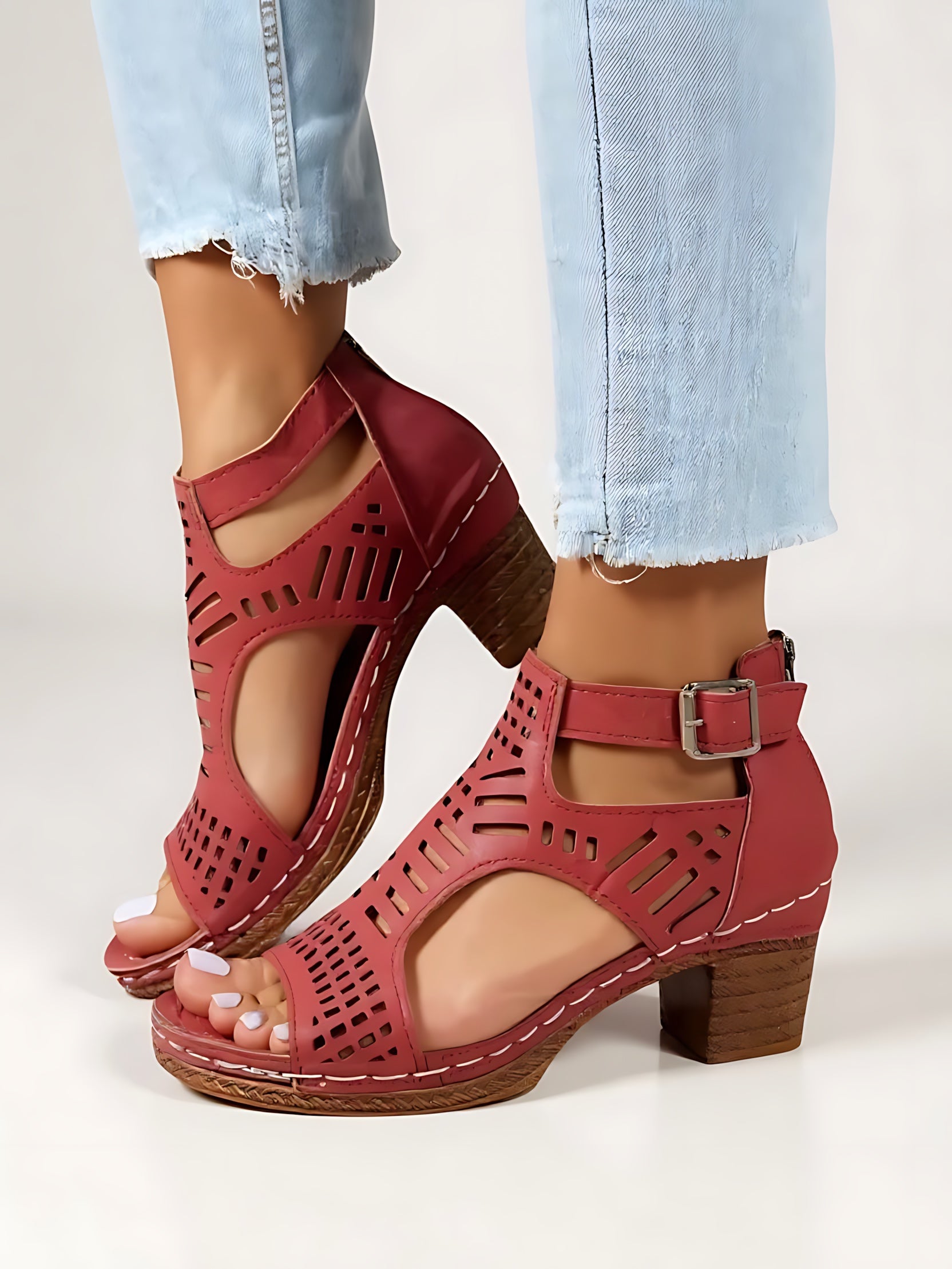 Thea – Perforated Peep Toe Block Heel Sandals