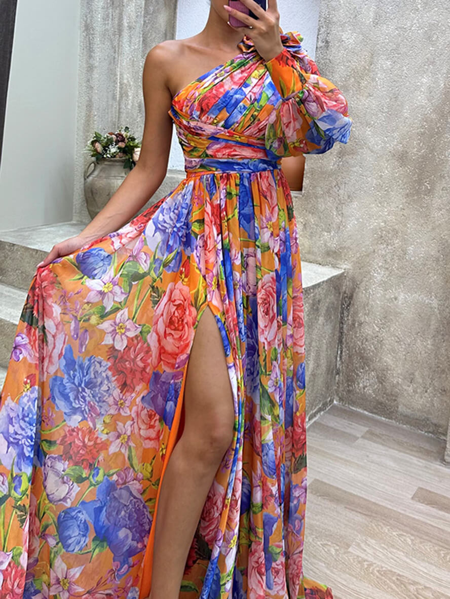 Catalina – Floral One Shoulder High Slit Maxi Dress