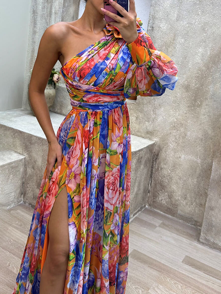 Catalina – Floral One Shoulder High Slit Maxi Dress