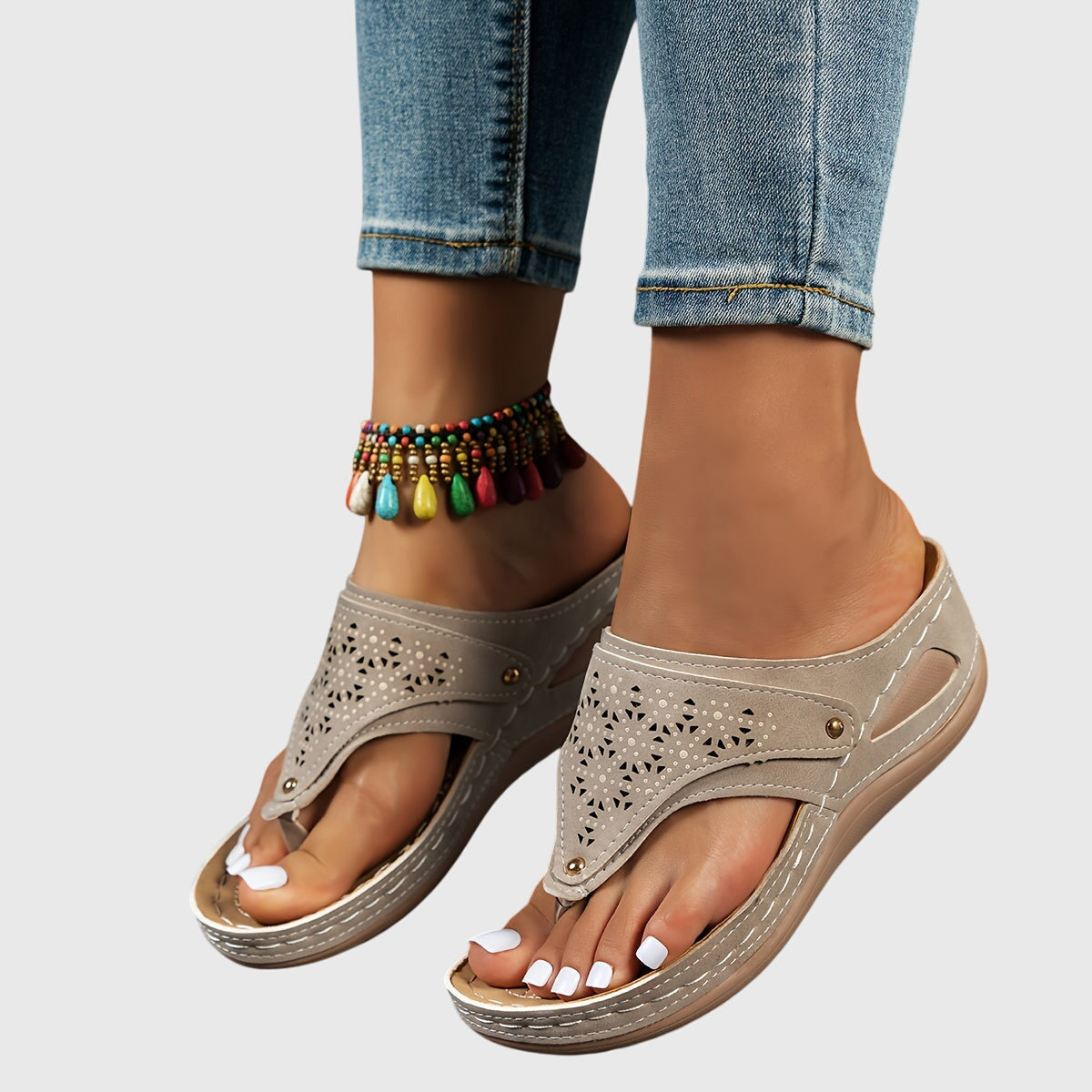Zoe – Beaded Boho Thong Wedge Sandals
