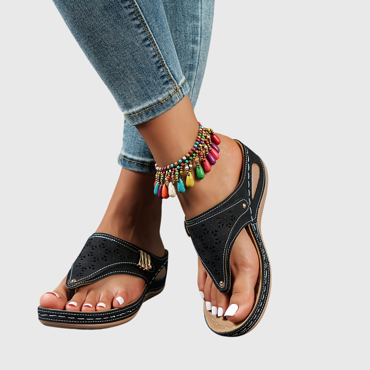 Zoe – Beaded Boho Thong Wedge Sandals