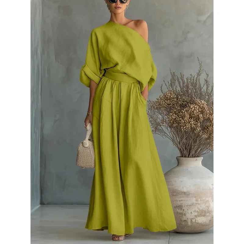 Priscilla – One Shoulder Top and Tapered Pants Set
