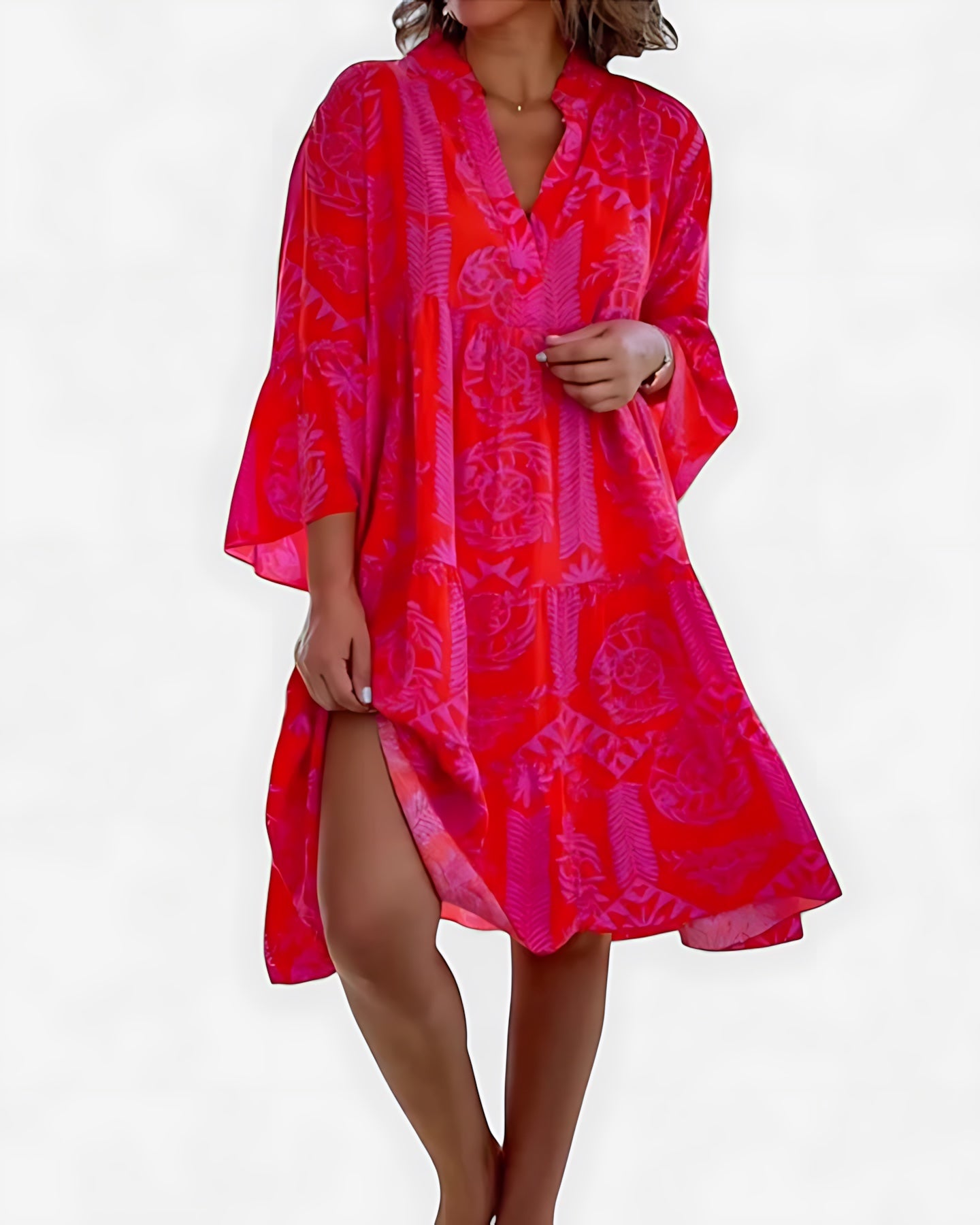 Valentina – Boho Print V Neck Kaftan Midi Dress