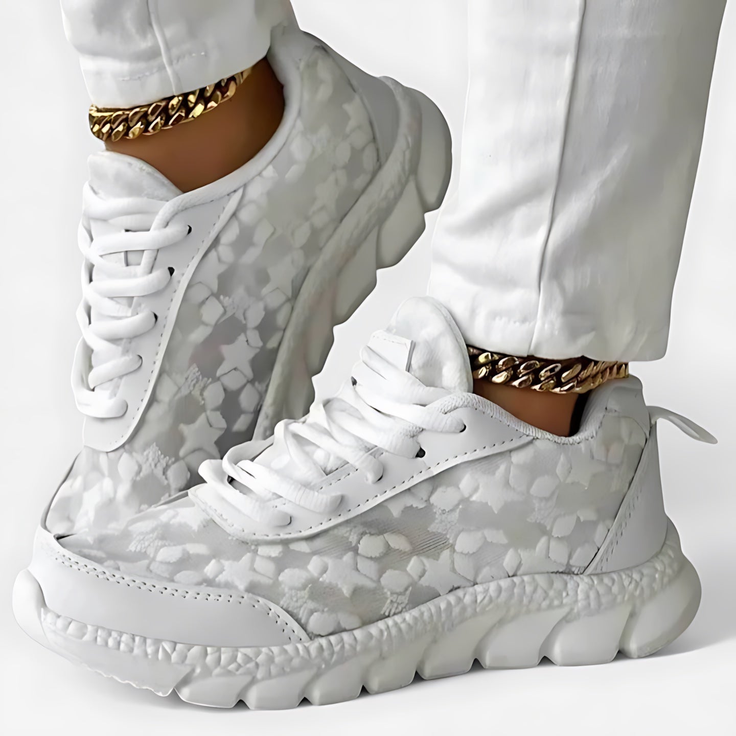 Valerie – Floral Lace Panel Lace Up Sneakers