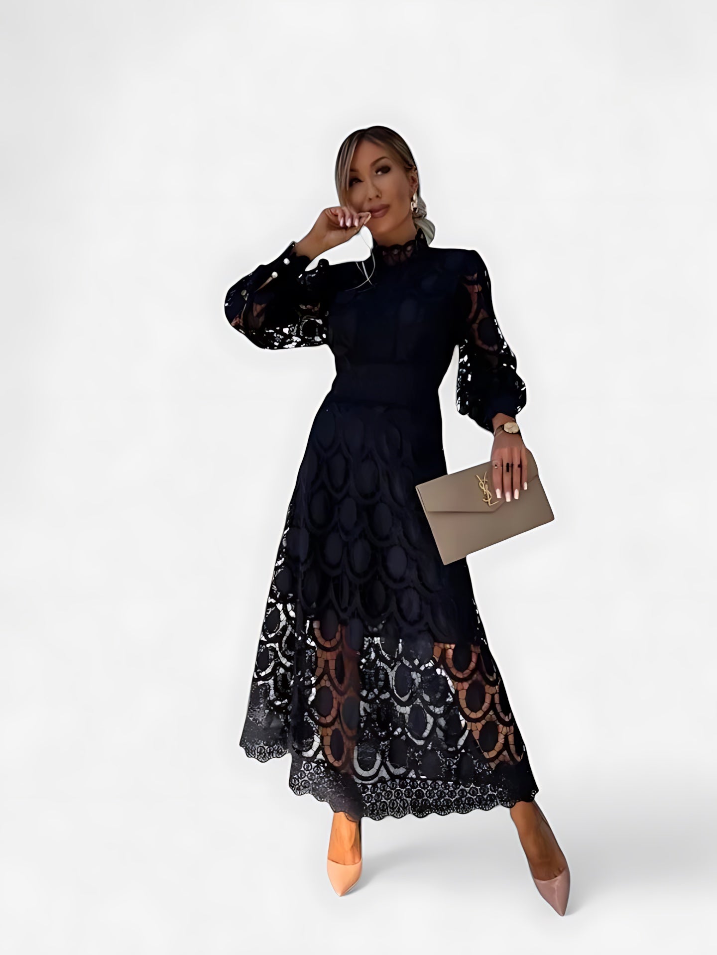 Valerie – Lace Puff Sleeve Evening Maxi Dress