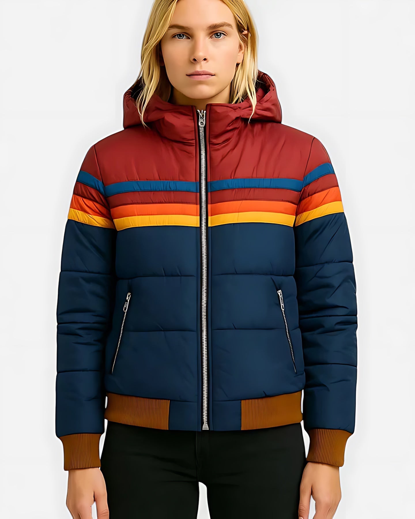 Valerie – Rainbow Striped Puffer Jacket