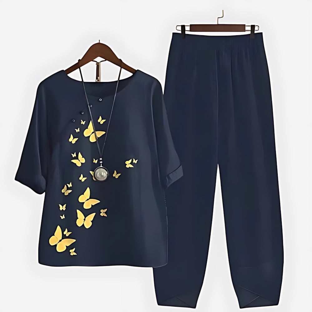 Vera – Butterfly Print Top and Tapered Pants Set