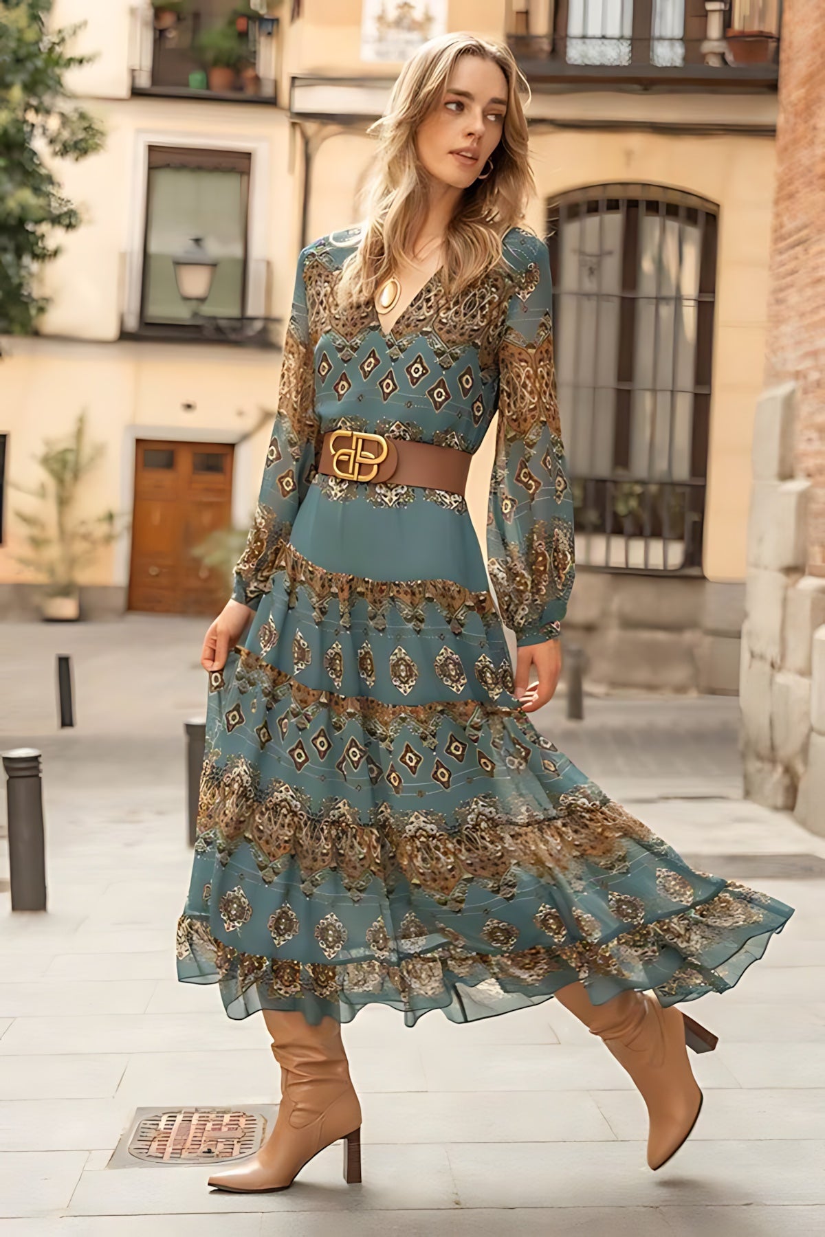 Vera – Medallion Print Puff Sleeve Tiered Midi Dress