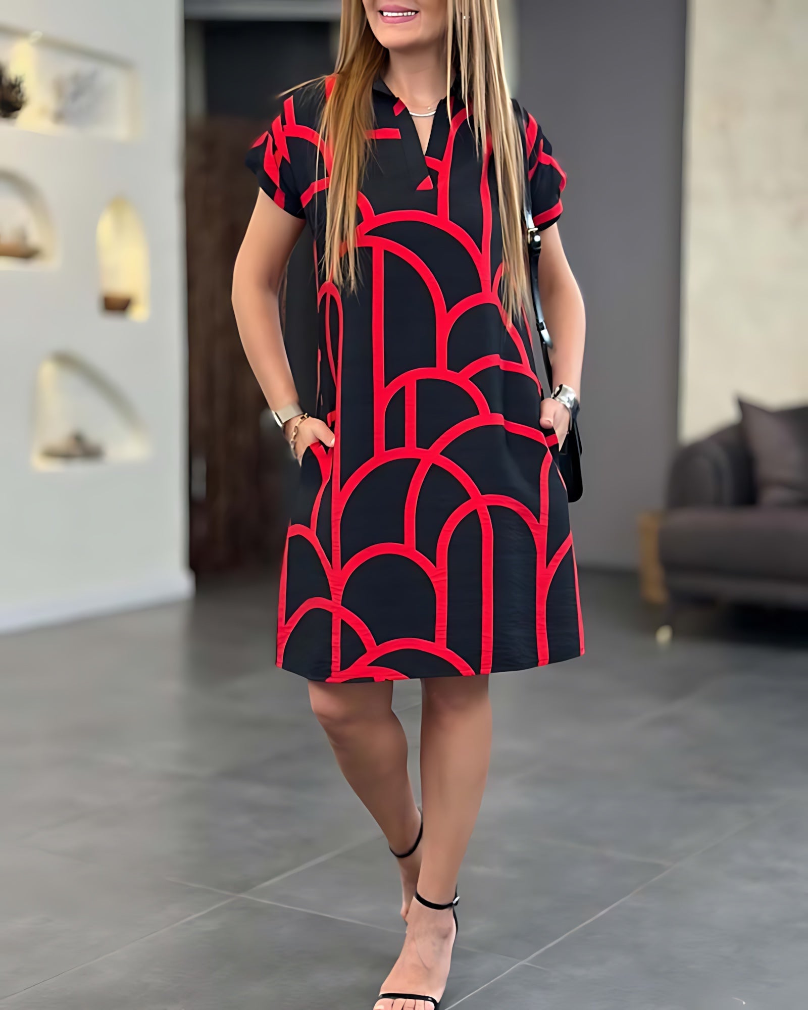 Veronica – Geometric Print Flutter Sleeve Midi Dress