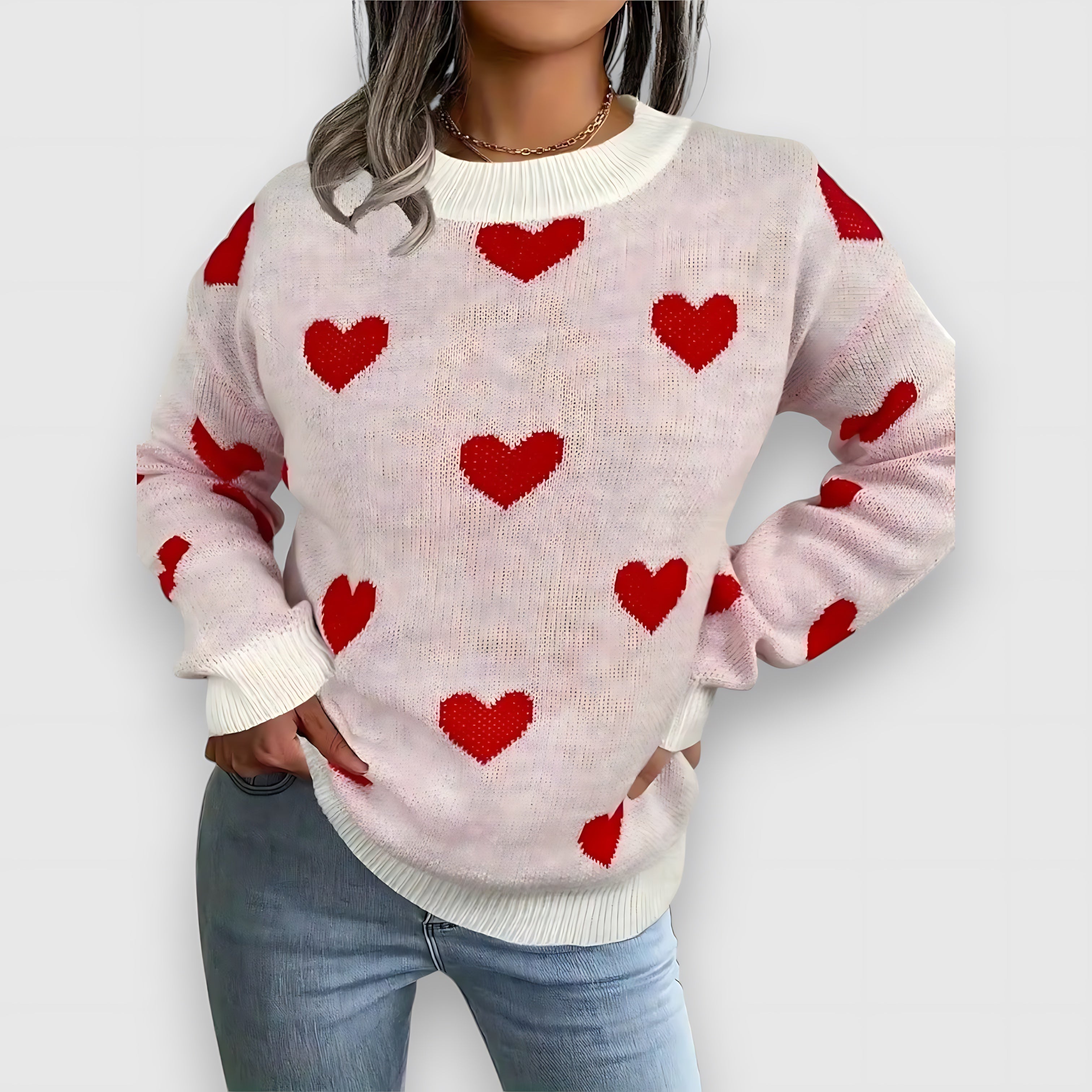 Veronica – Heart Pattern Crew Neck Sweater