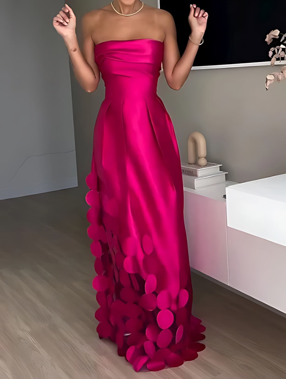Victoria – Satin Strapless Ruffle Hem Evening Maxi Dress