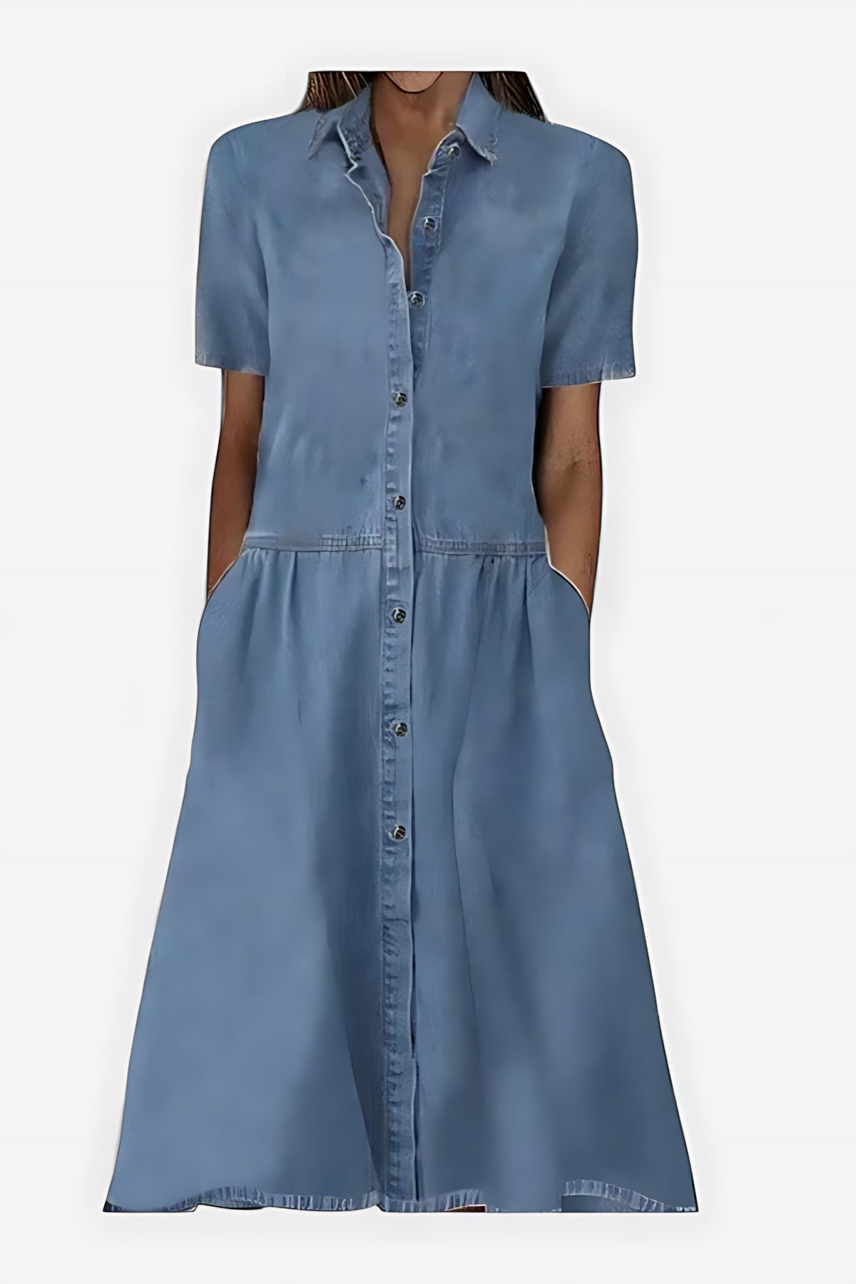 Violet – Denim Collared Short Sleeve Midi Shirt Dress