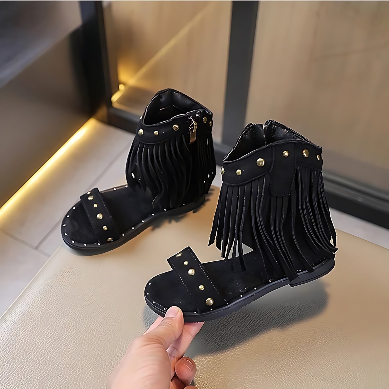Violet – Fringe Studded Block Heel Sandals