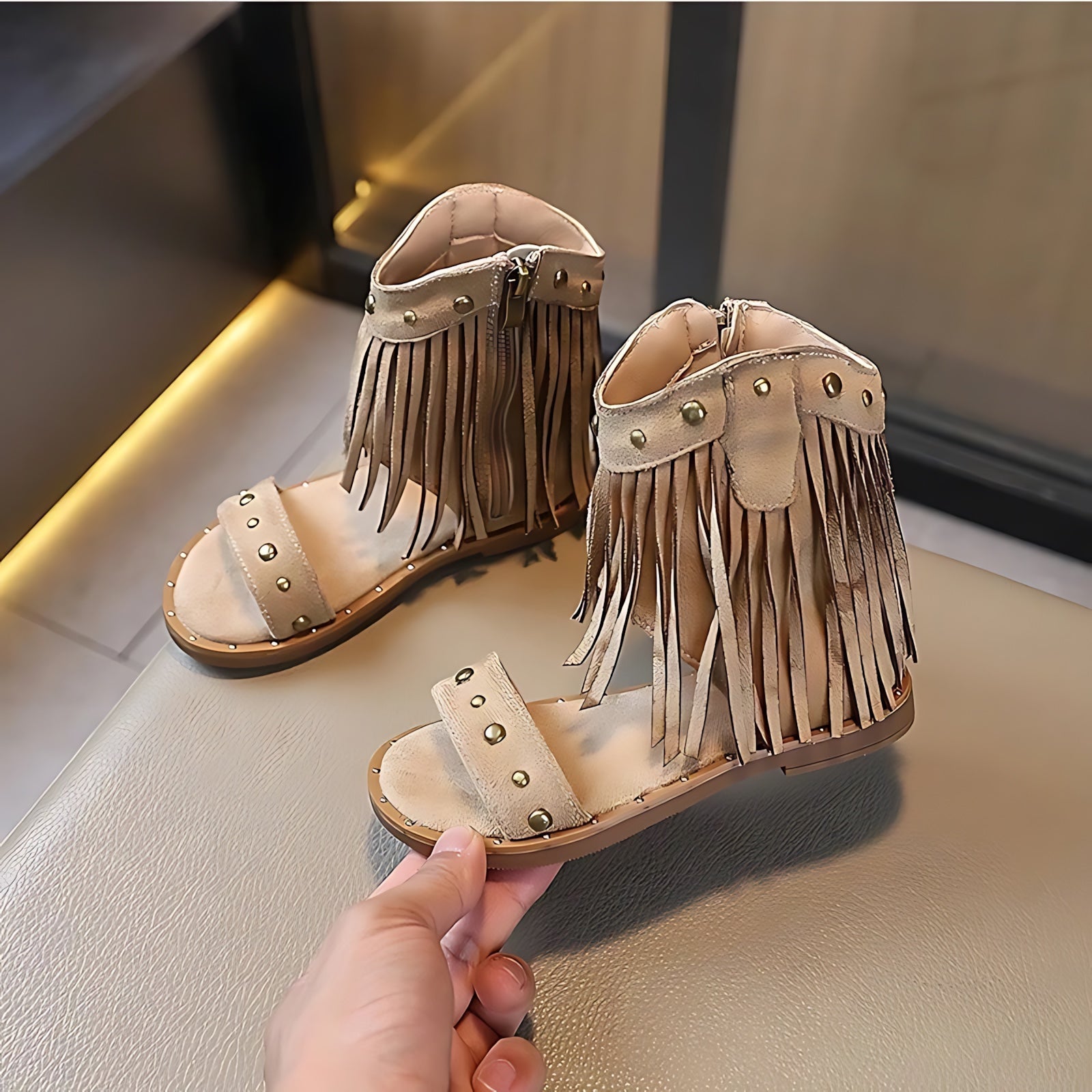 Violet – Fringe Studded Block Heel Sandals