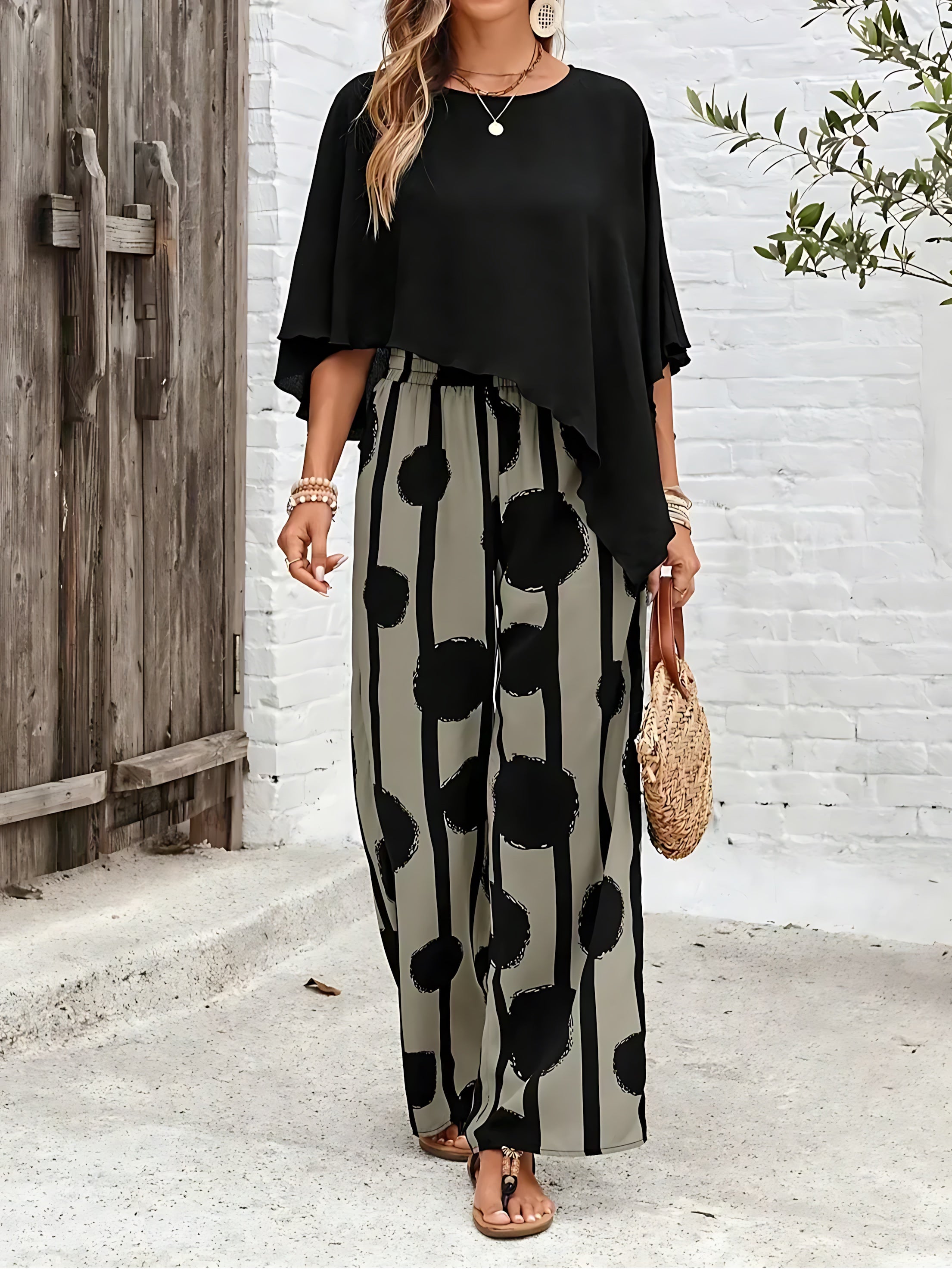 Vivian – Batwing Top and Printed Wide Leg Pants Set