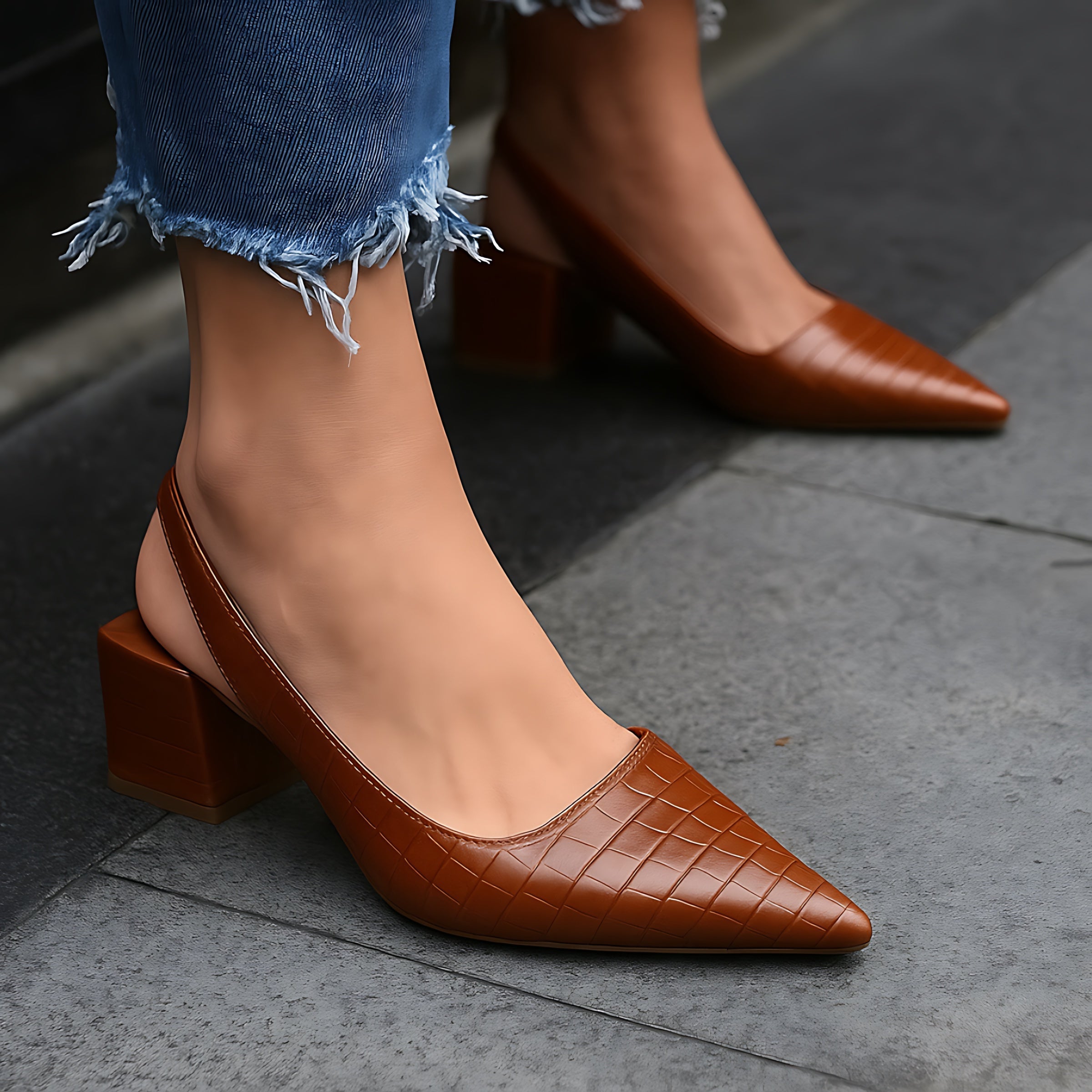 Vivian – Croc Embossed Slingback Block Heels