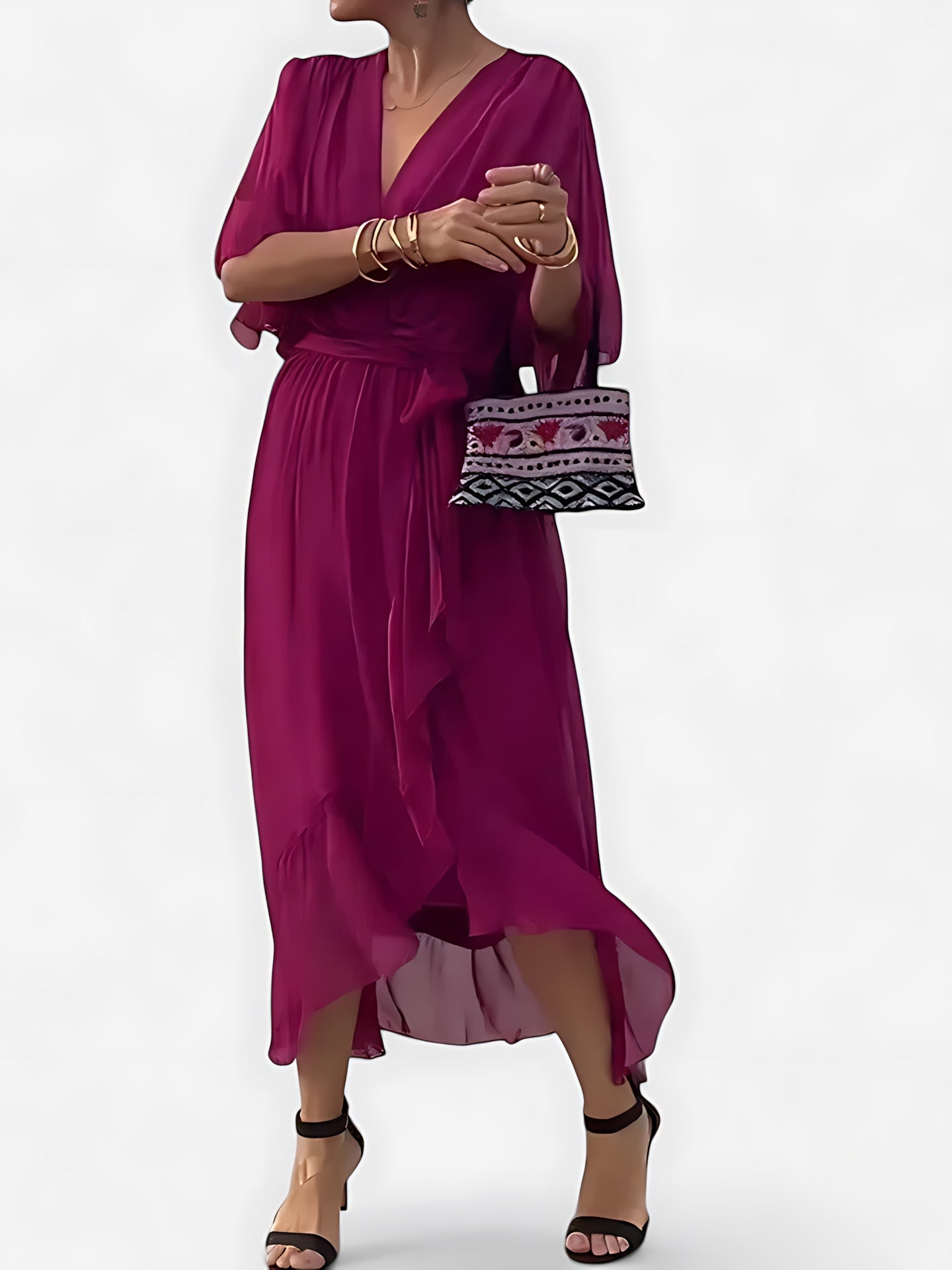 Vivian – V Neck Batwing Sleeve Flowy Maxi Dress