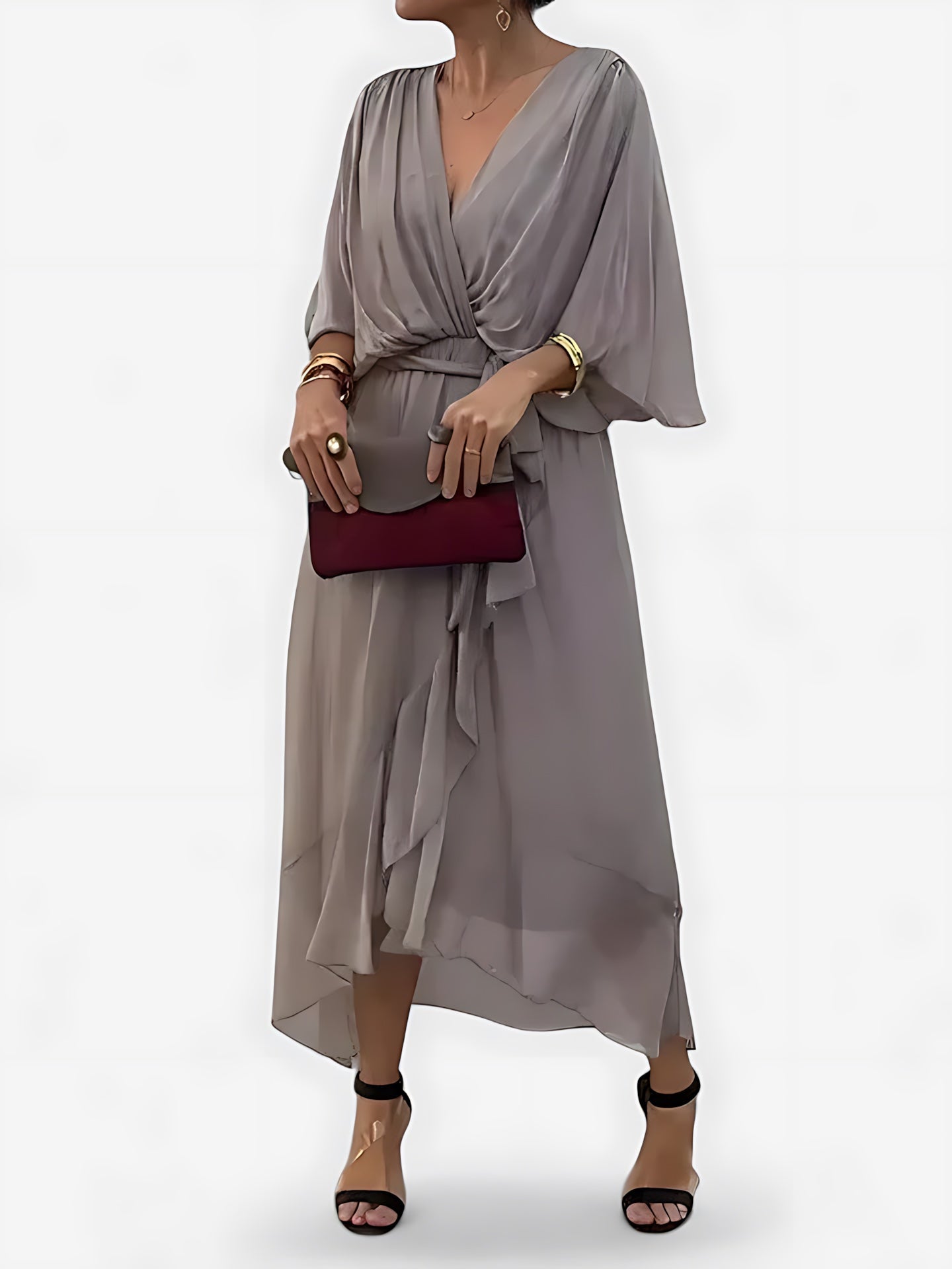 Vivian – V Neck Batwing Sleeve Flowy Maxi Dress