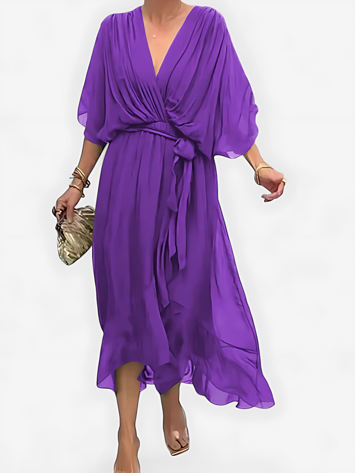 Vivian – V Neck Batwing Sleeve Flowy Maxi Dress