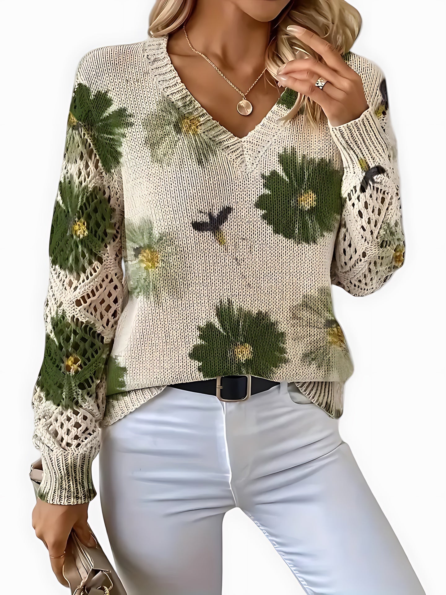 Willow – Floral Print V Neck Knit Sweater