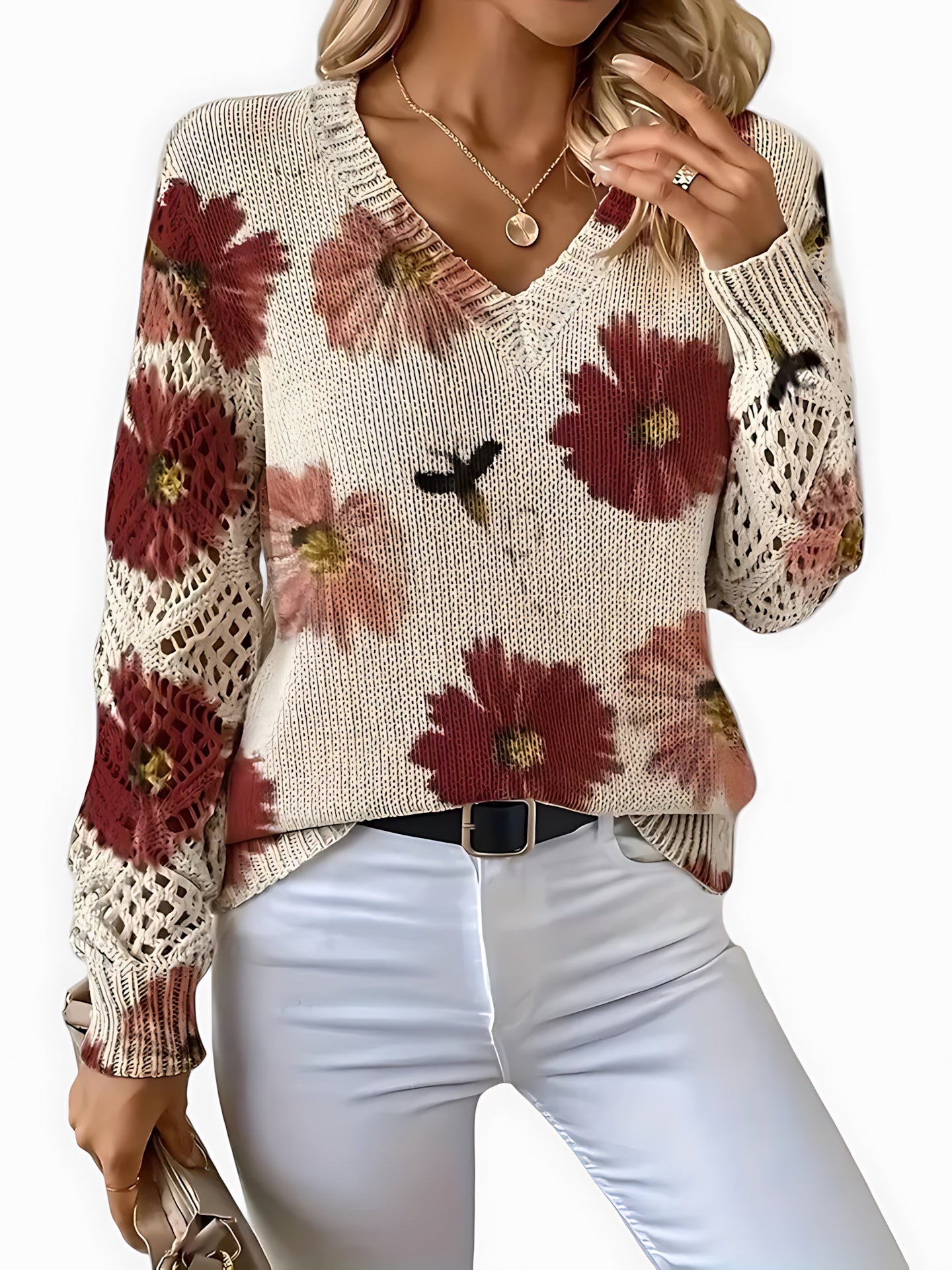 Willow – Floral Print V Neck Knit Sweater