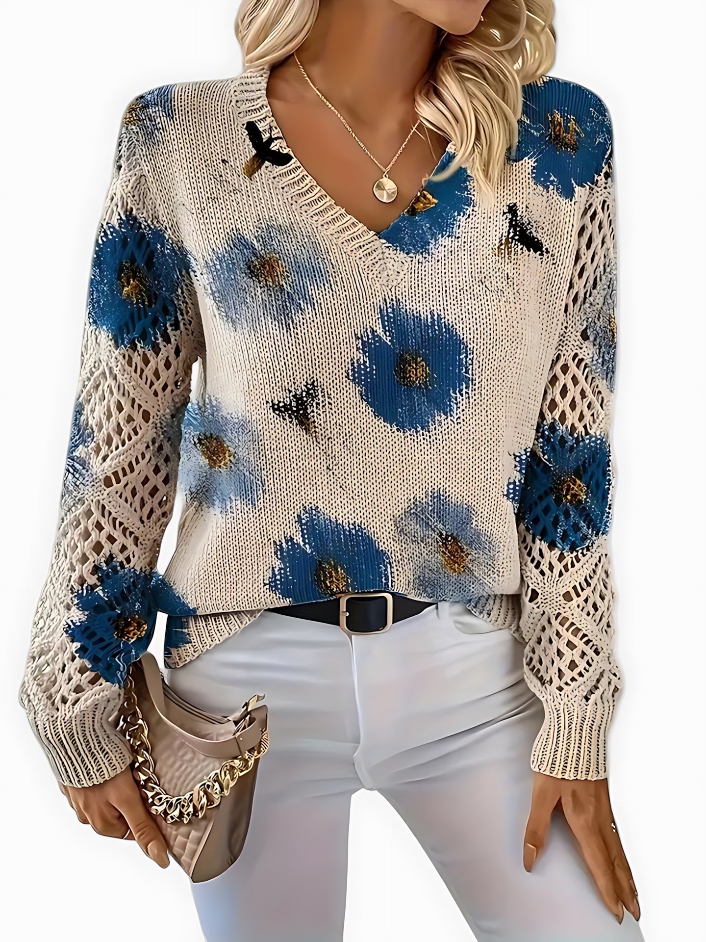 Willow – Floral Print V Neck Knit Sweater