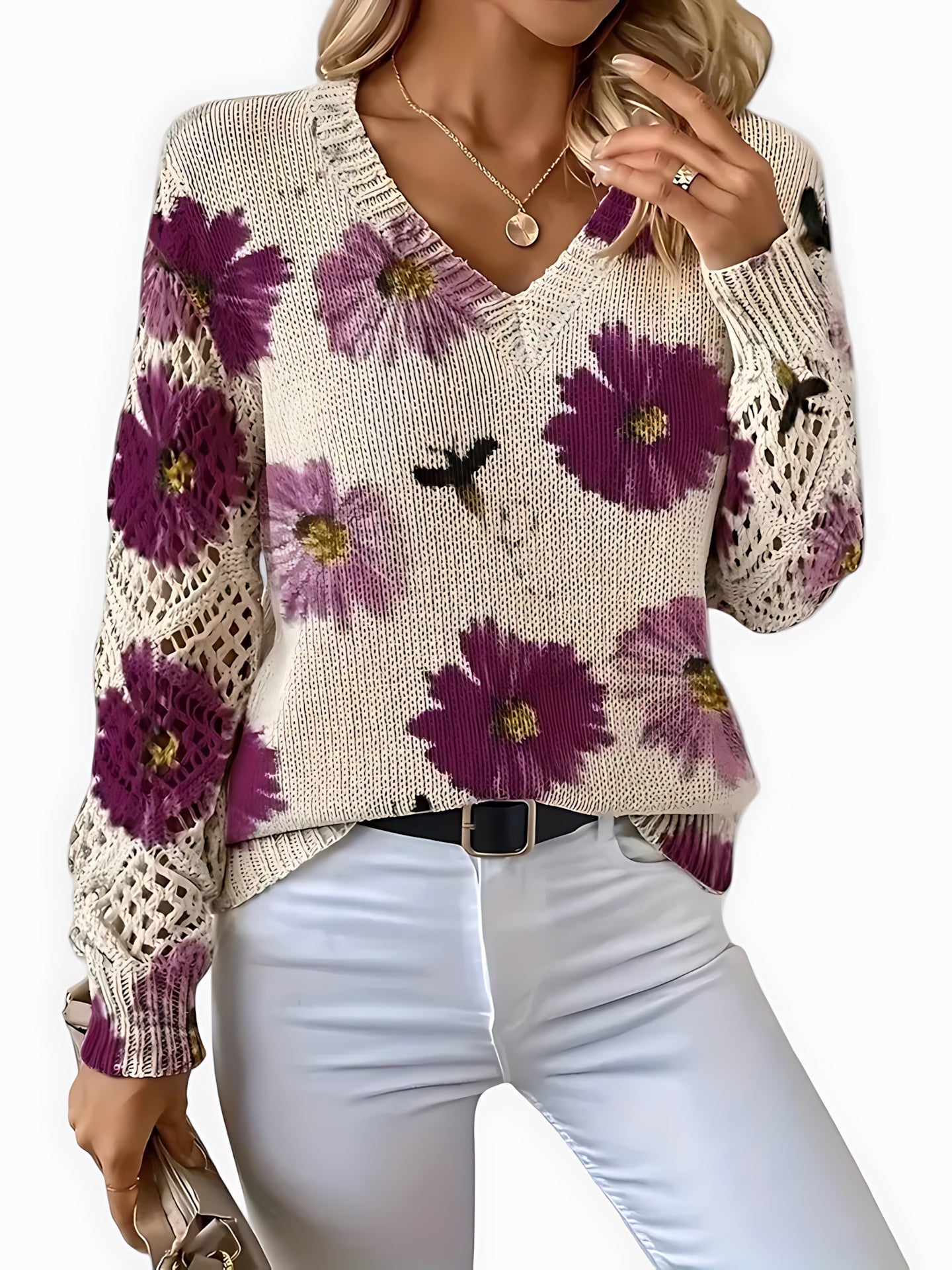 Willow – Floral Print V Neck Knit Sweater