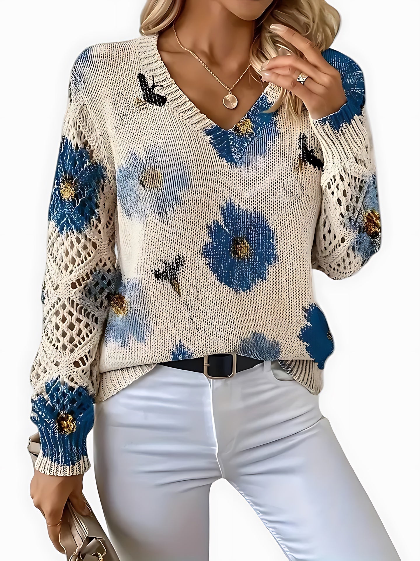 Willow – Floral Print V Neck Knit Sweater
