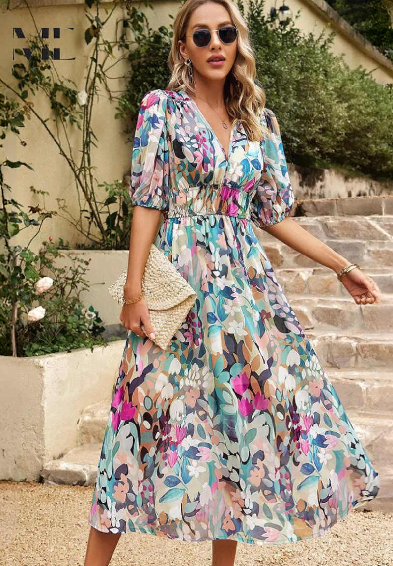 Helena – Floral Puff Sleeve Wedding Guest Maxi Dress