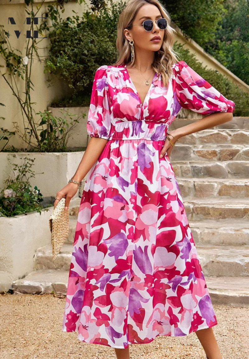 Helena – Floral Puff Sleeve Wedding Guest Maxi Dress