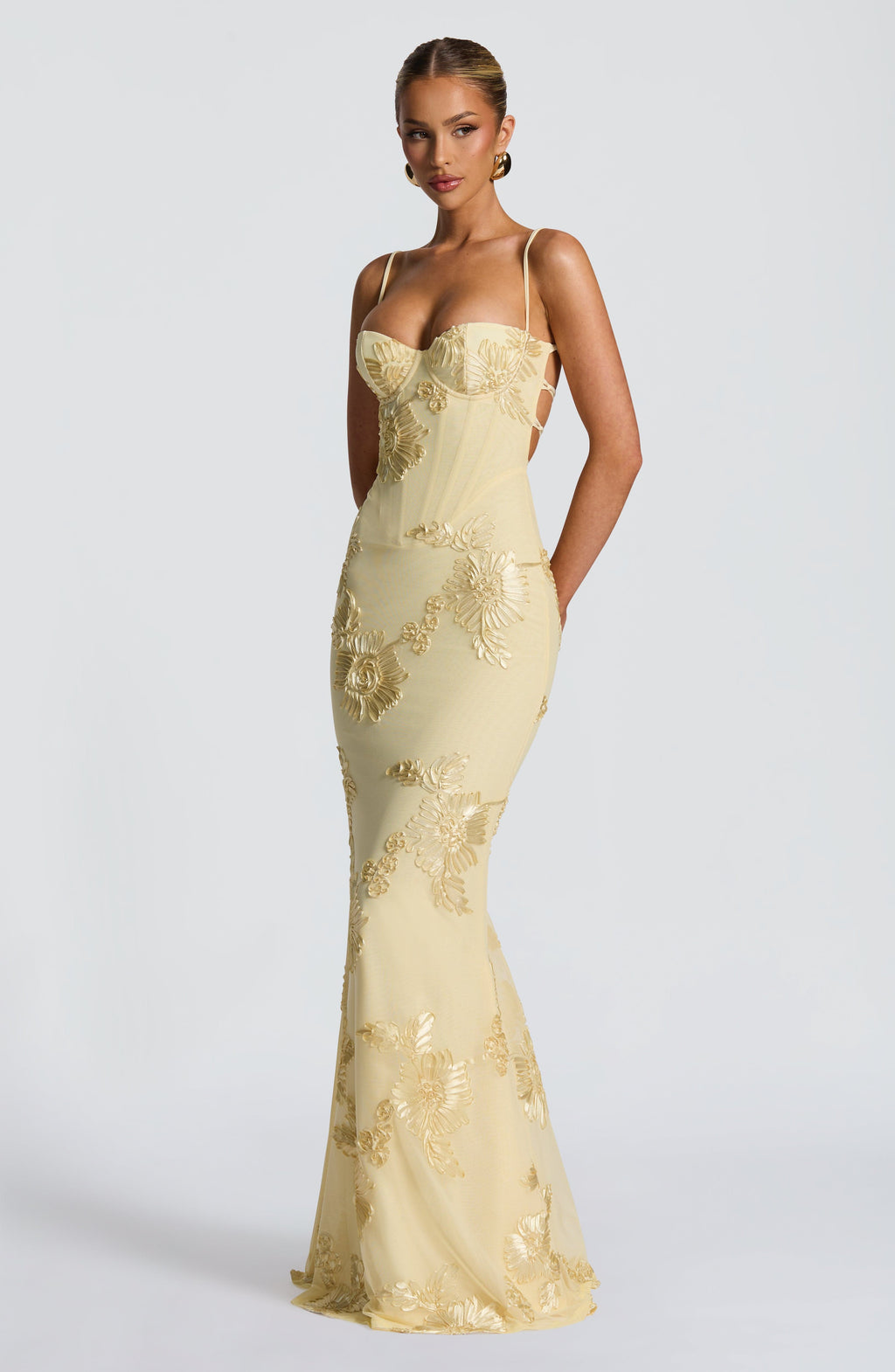 Elliana – Floral Embroidered Corset Wedding Guest Maxi Dress