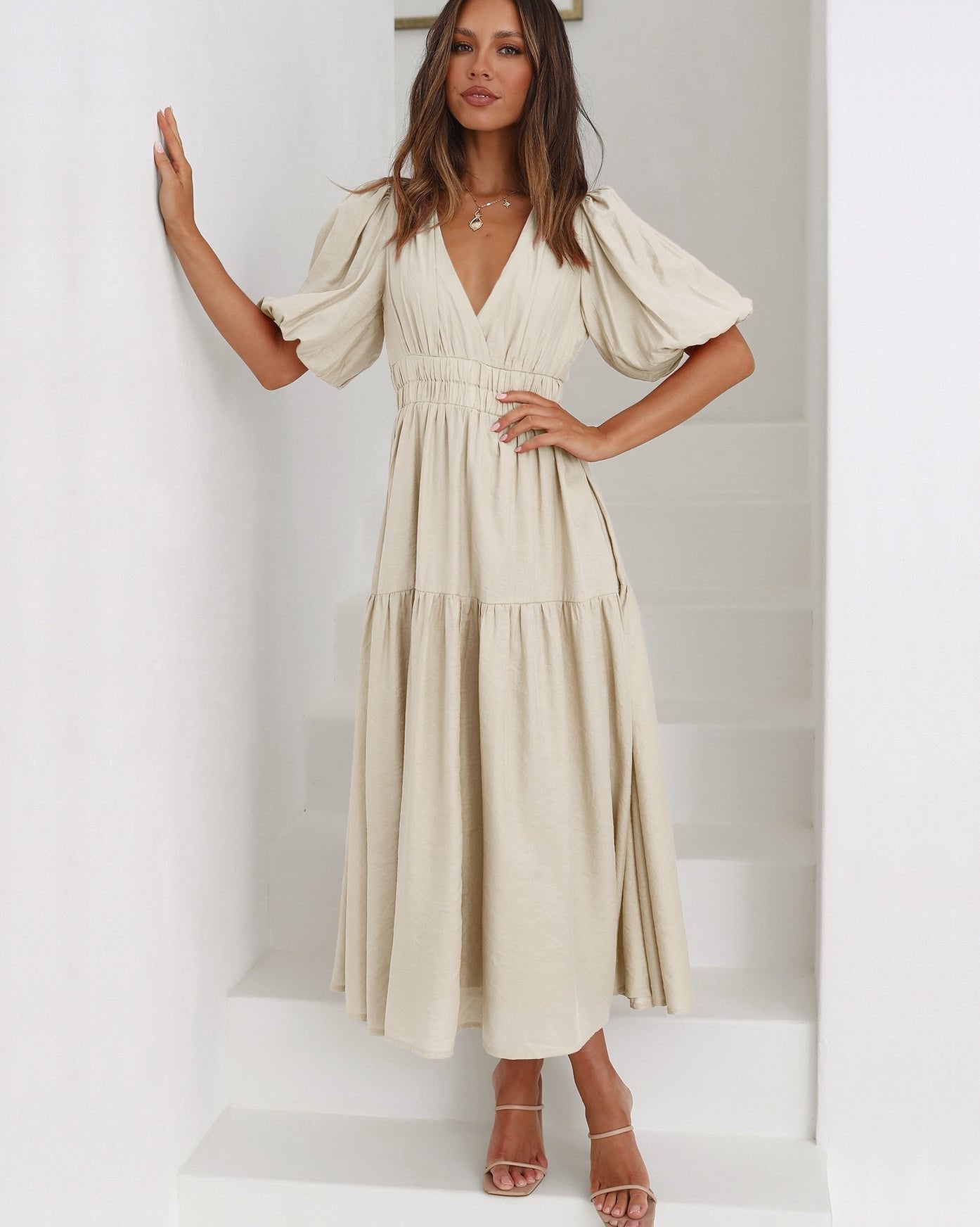 Margot – V Neck Flutter Sleeve Summer Maxi Dress