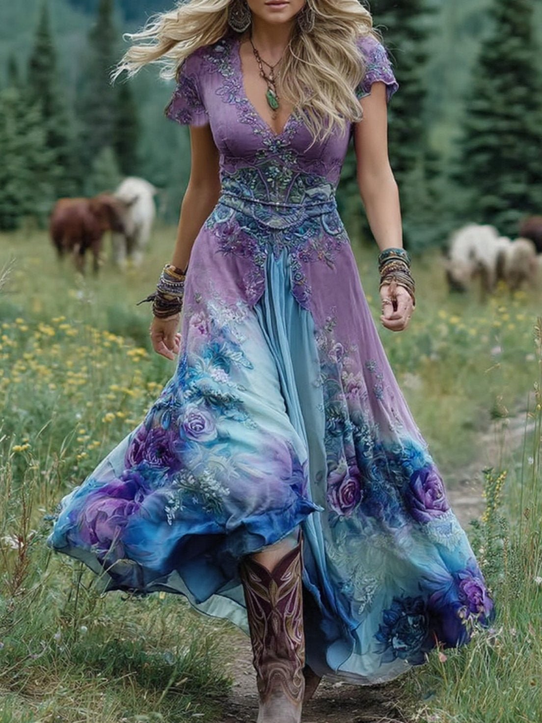 Rose – Floral Print V Neck Boho Maxi Dress