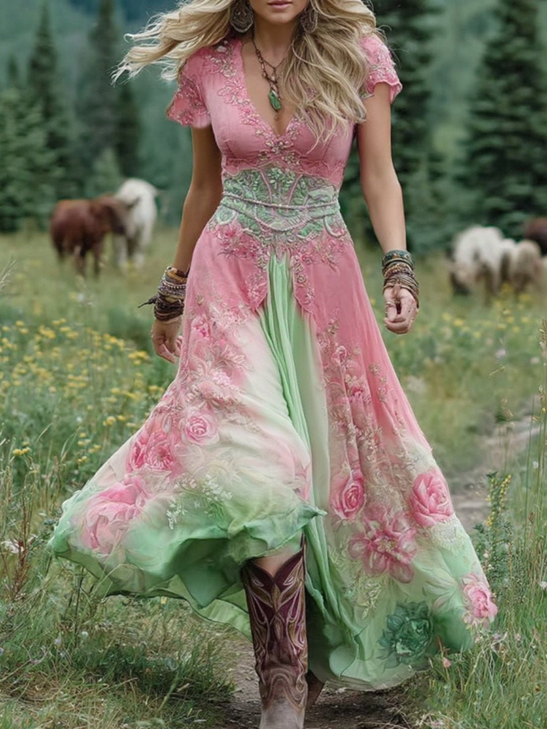 Rose – Floral Print V Neck Boho Maxi Dress