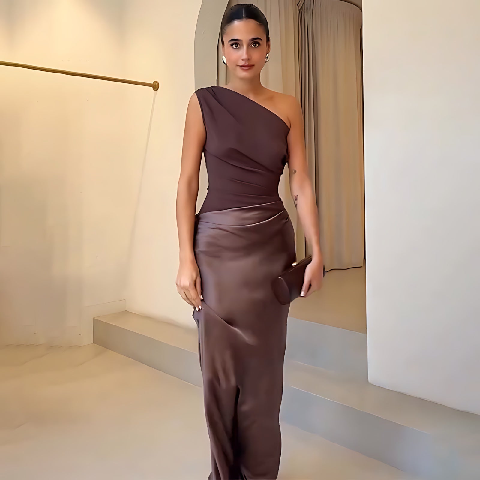 Ximena – Satin One Shoulder Ruched Evening Maxi Dress