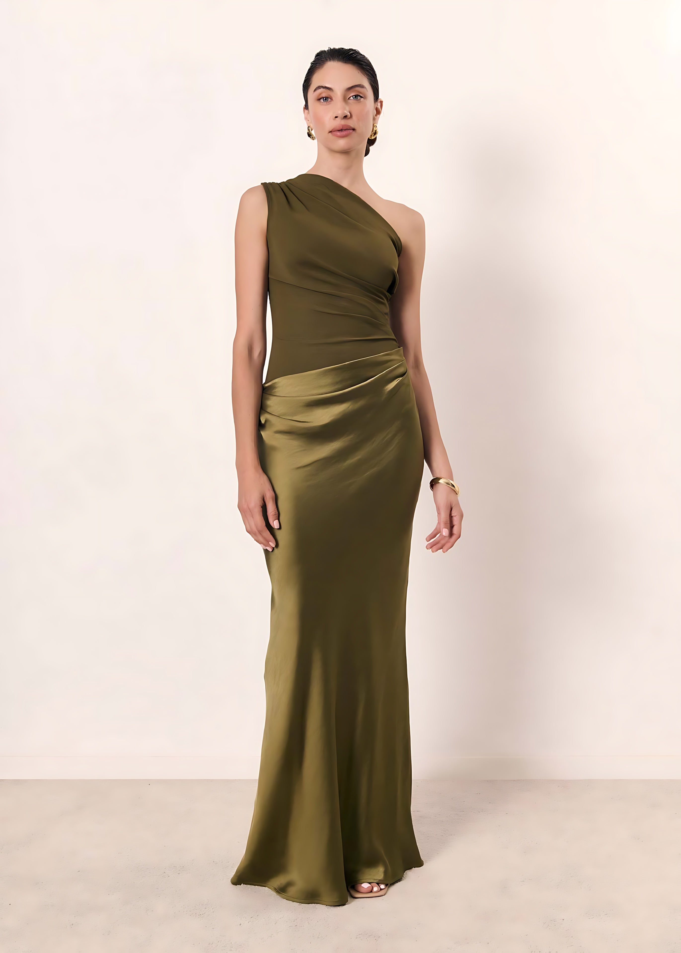 Ximena – Satin One Shoulder Ruched Evening Maxi Dress