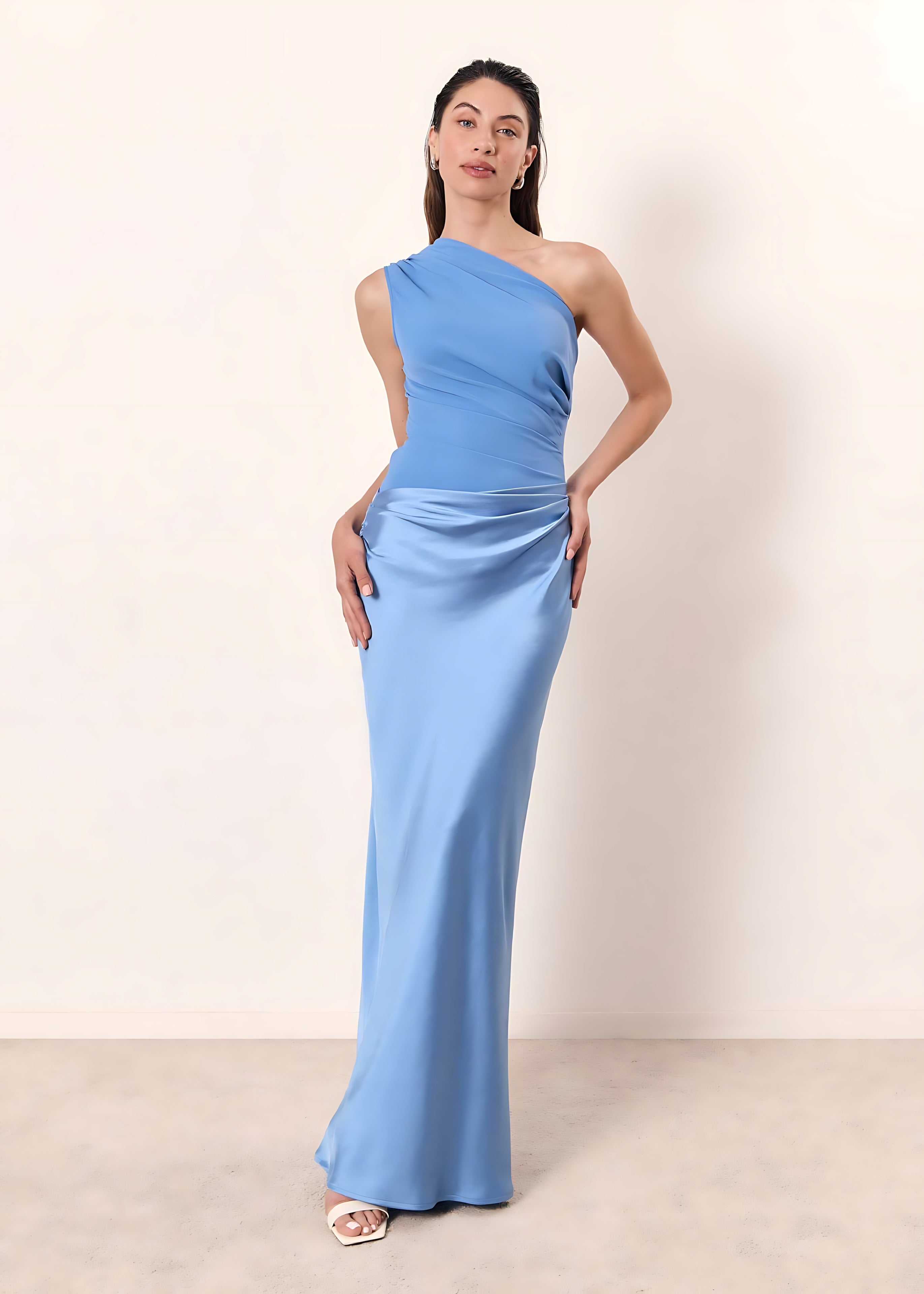 Ximena – Satin One Shoulder Ruched Evening Maxi Dress