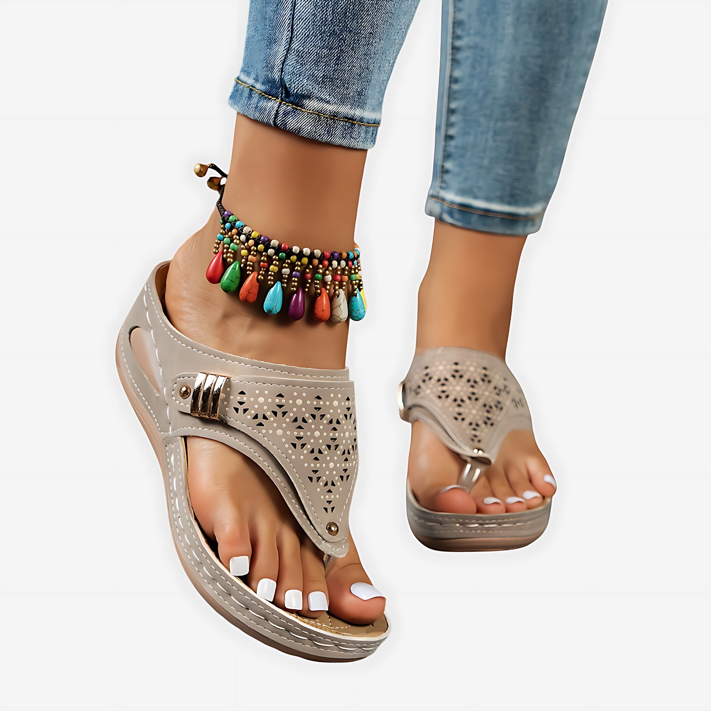 Zoe – Beaded Boho Thong Wedge Sandals
