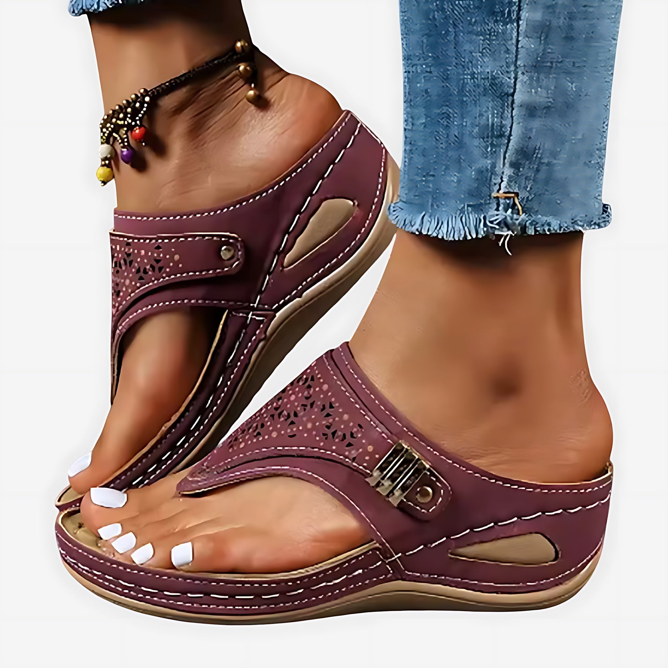 Zoe – Beaded Boho Thong Wedge Sandals