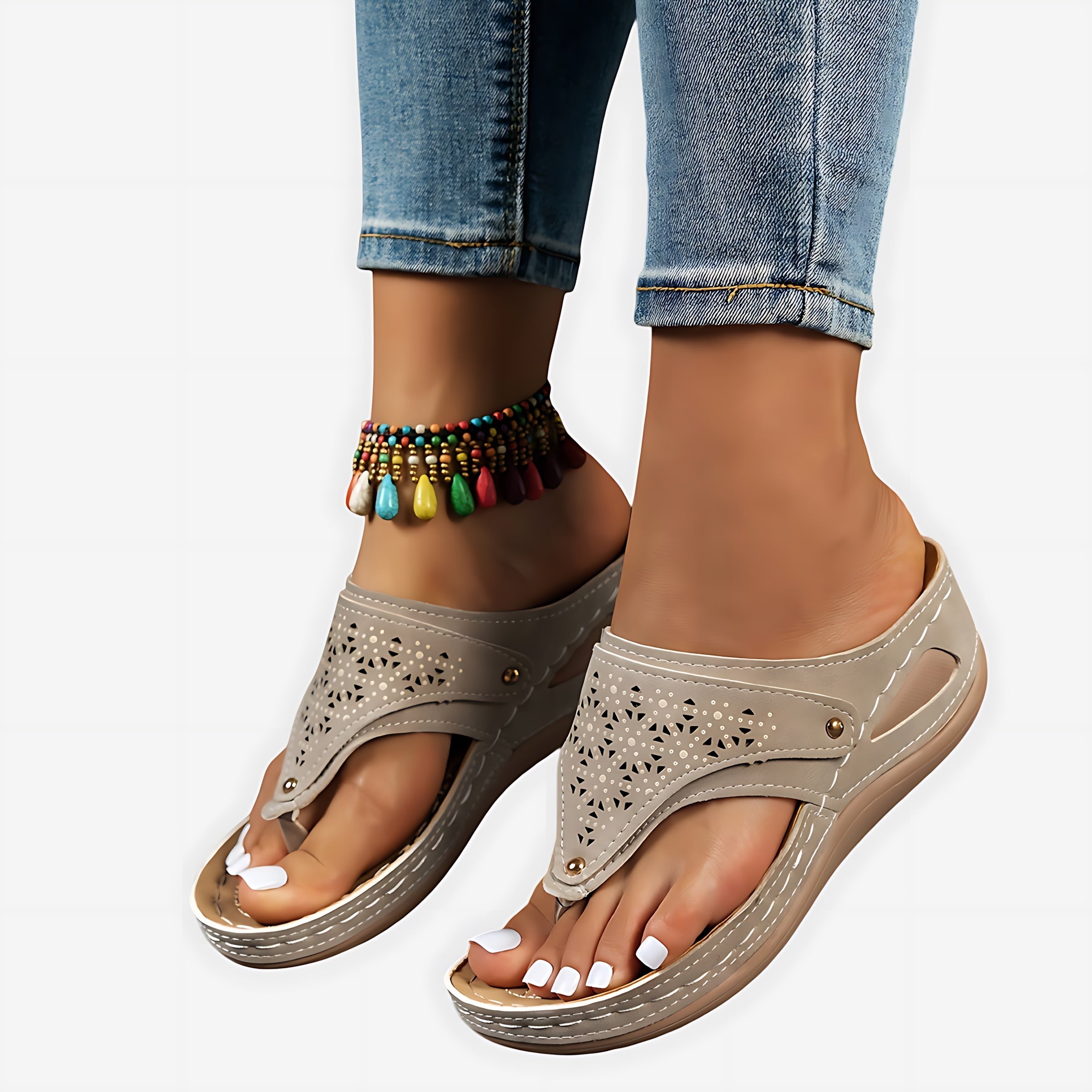 Zoe – Beaded Boho Thong Wedge Sandals
