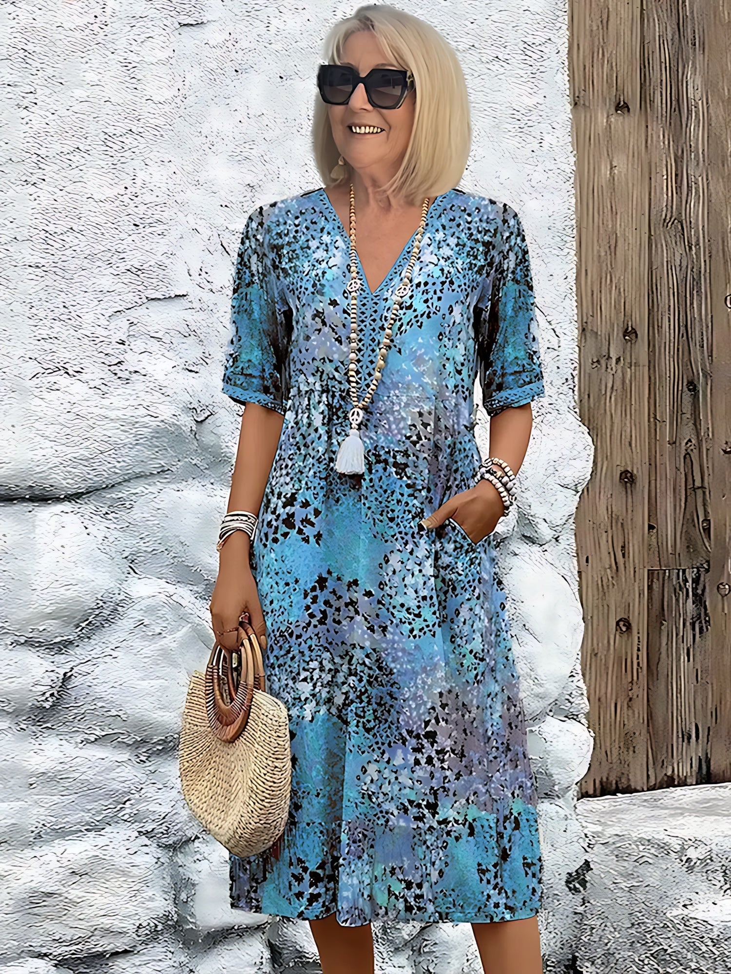 Zoe – Floral Print V Neck Boho Midi Dress